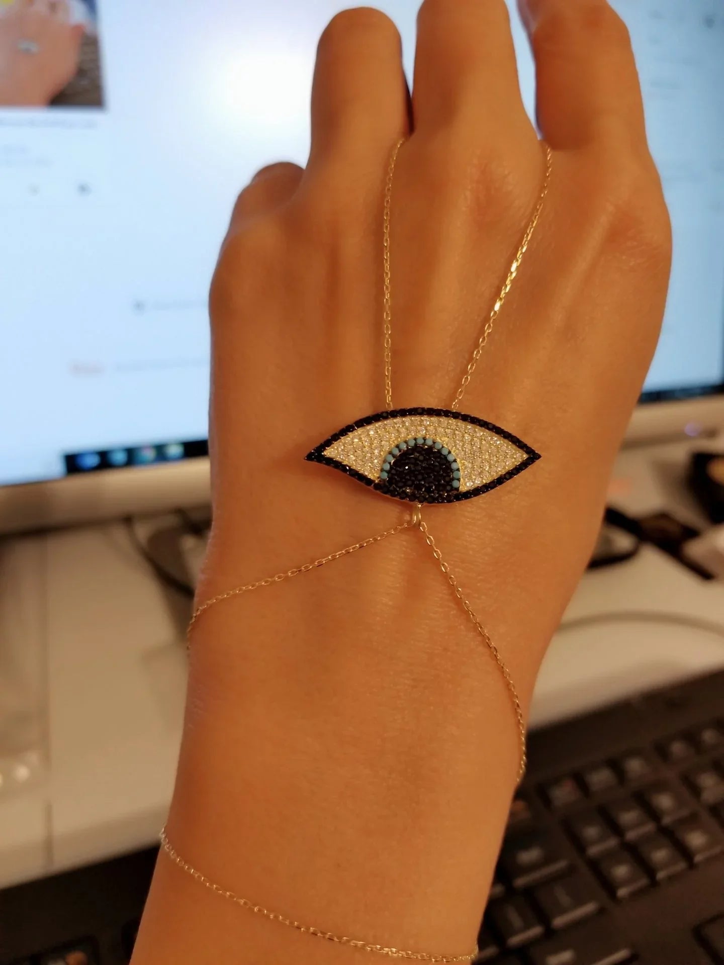 Gold Zirconia Ra Evil Eye Lucky Charm Bracelet Hand Chain 925 Sizeterling Sizeilver