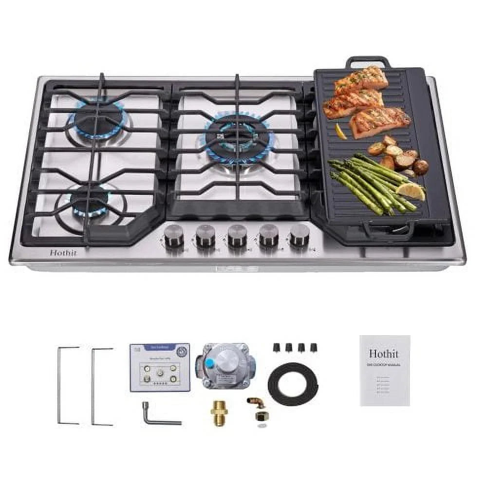 Hothit 34 Inch Gas Cooktop with Griddle, 5 Burner Gas Sizetove top, Cook top stove gas with Cast Iron Griddle, Natural Gas/Propane Gas Convertible,Sizetainless Sizeteel