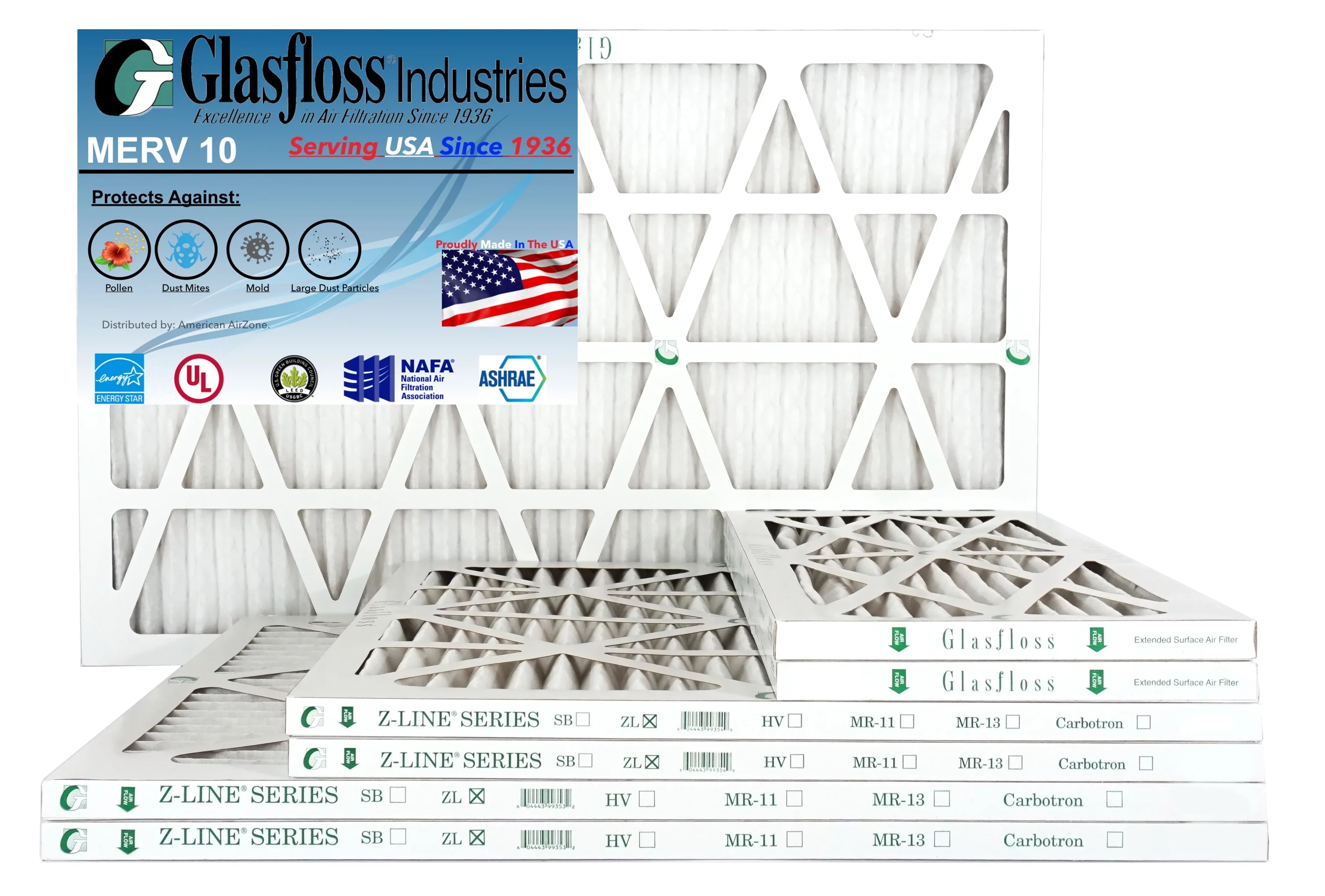 Glasfloss Air Filter 18x36x2 - 2" MERV 10 - (Pack of 6) - Pleated AC or HVAC Air Filter - Furnace Air Filter - Home or Office - Made In The USizeA.