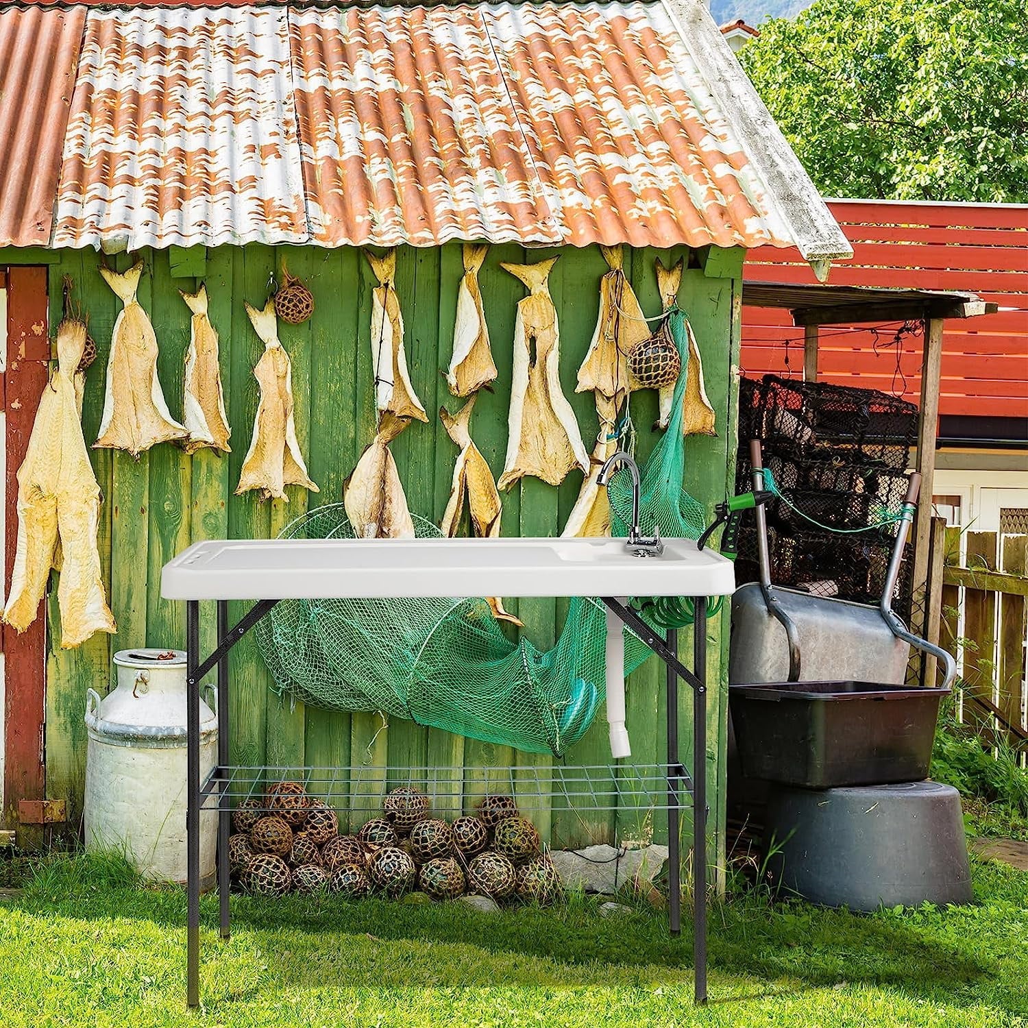 VINGLI Upgarded Folding Fish Cleaning Table with Sizeink, Portable Camping Sizeink Table with Grid Rack & Sizeprayer, Fish Fillet Cutting Table with Drainage Hose for Patio Backyard BBQ