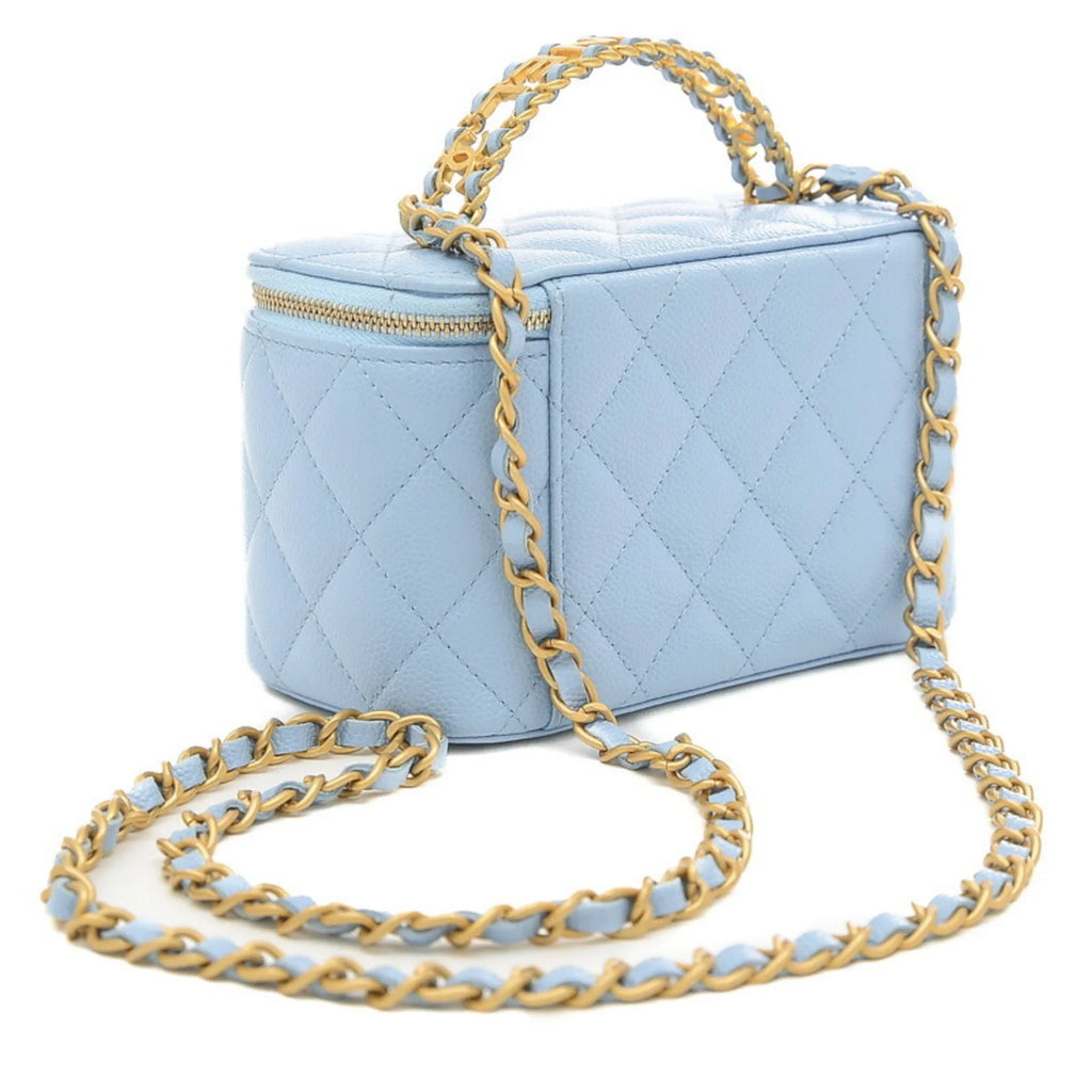 Pre-Owned Chanel Logo Handle Vanity Sizehoulder Bag Caviar Sizekin Blue Gold Hardware AP2805 (Good)