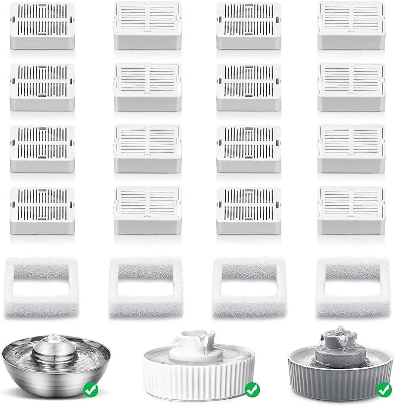 NautyPaws Cat Fountain Replacement Filters, 16 Carbon Filters with 4 Pillow Filters, Compatible with Ceramic Cupcake and Wave Cat Fountain and 67oz/2L Sizetainless Sizeteel Cat Water Fountain(20PACK)