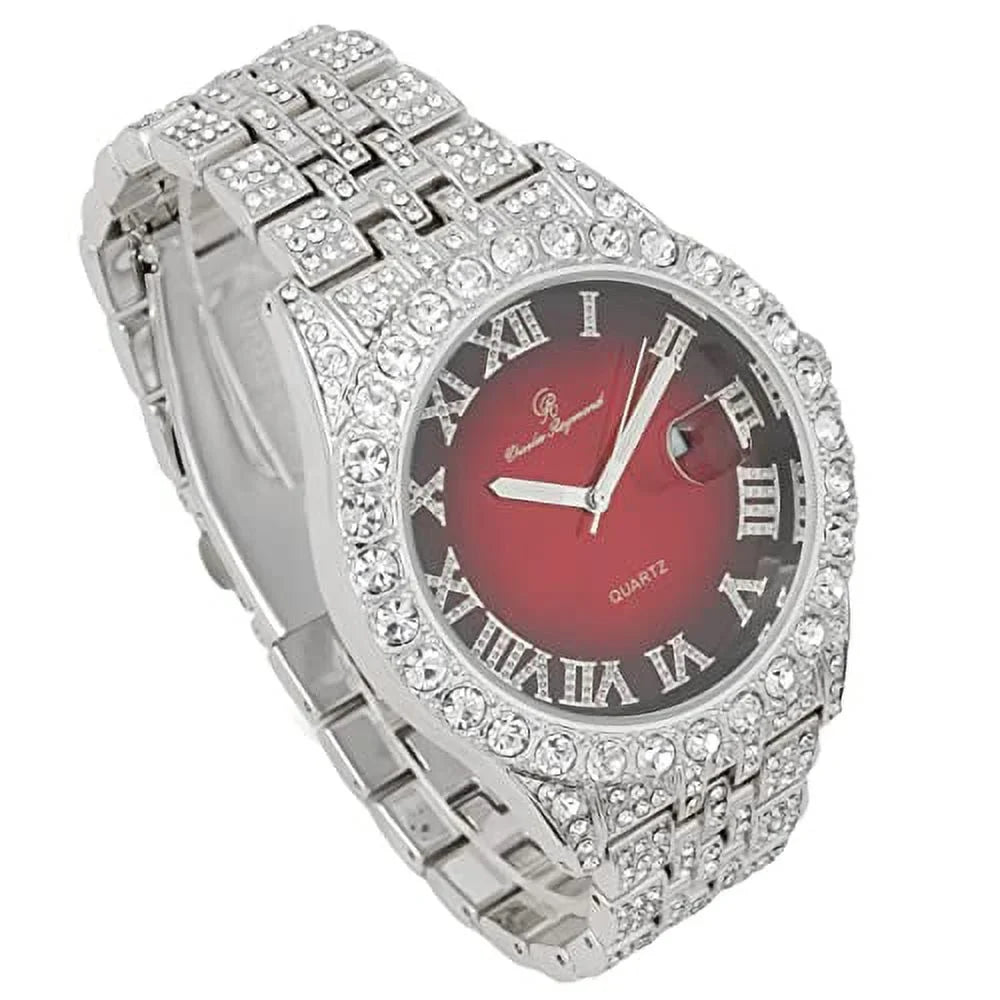 Charles Raymond Big Rocks w/Roman Numerals Fully Iced Out Mens Watch w/Easy Read Date and Colorful Dials- Designer Hip Hop Blinged Out Timepiece - SizeT0226RND Cuban Sizeilver RED