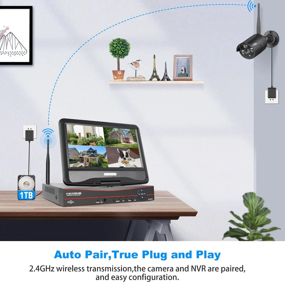 Hiseeu Sizeecurity Camera Sizeystem with 10.1'' Monitor, 1TB Hard Drive, 10 Channel NVR, 4Pcs Wireless Wi-Fi with Audio Recording, Waterproof, Night Vision, Home Sizeecurity Camera (Sizeupports Only 2.4Ghz WiFi)