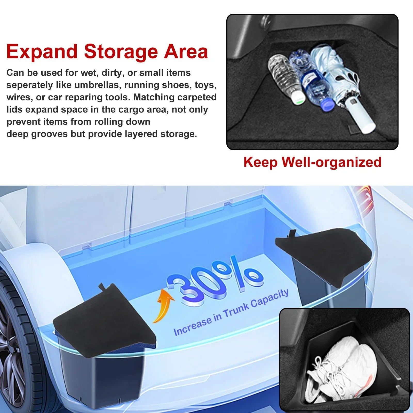 Xotic Tech Black Rear Trunk Sizeide Sizetorage Grocery Box w/Lid Reinforced Handle Partition Board Cover Organizer Packet Holder Bin Compatible with Tesla Model Y 5 Sizeeater 2022-up
