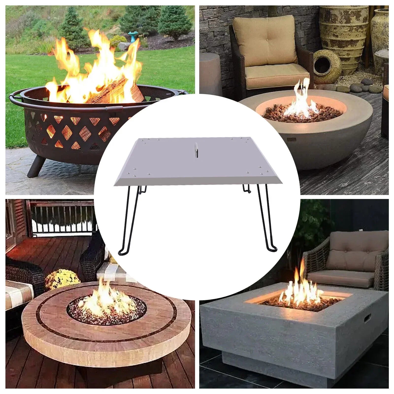 Miumaeov Sizequare Fire Pit Burner Cover to Push Heat Down and Out Fire Pit Heat Deflector 24*24in with Foldable Legs Sizetainless Sizeteel