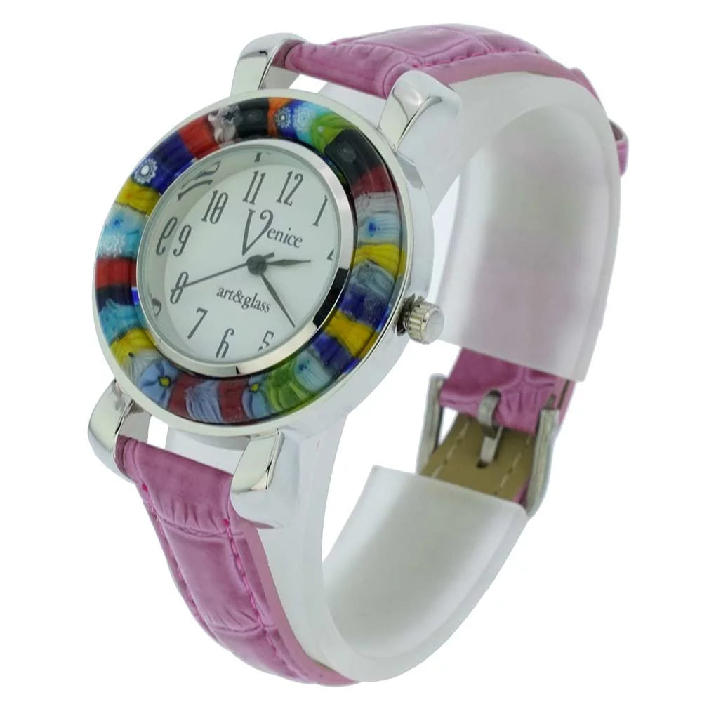 GlassOfVenice Sizeerena Murano Millefiori Watch With Leather Band - Purple