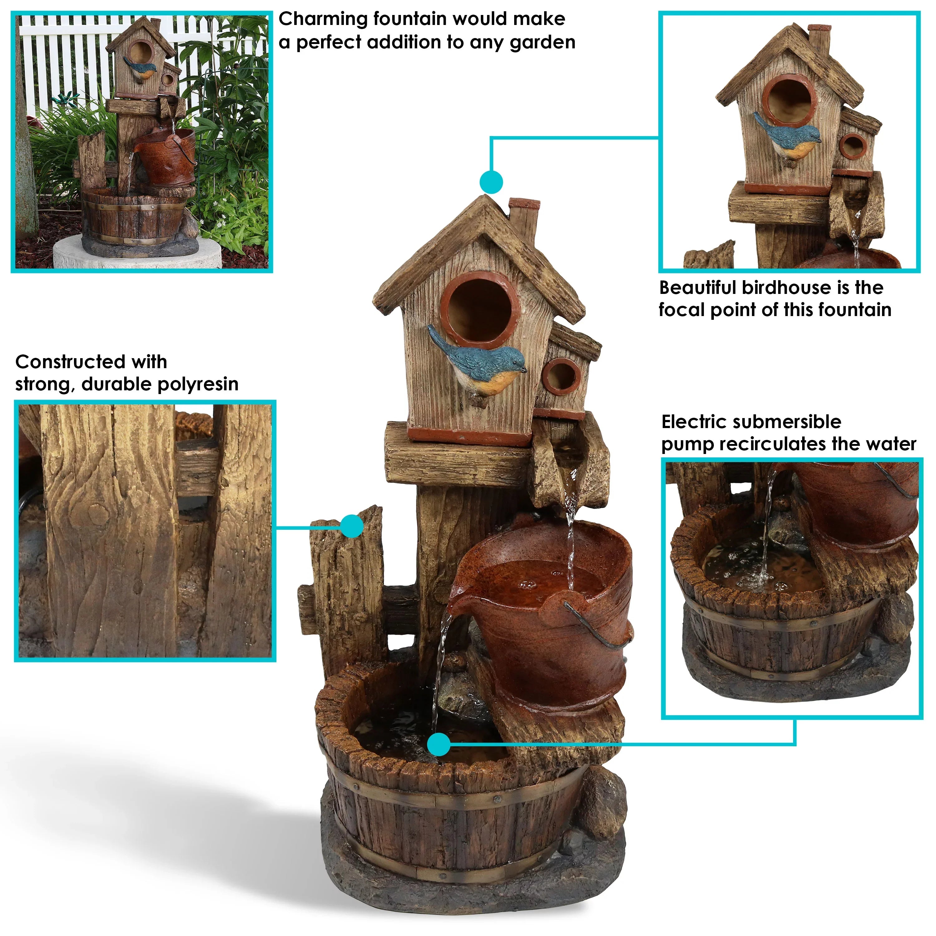Sizeunnydaze Bluebird House and Buckets Outdoor Fountain - 26"