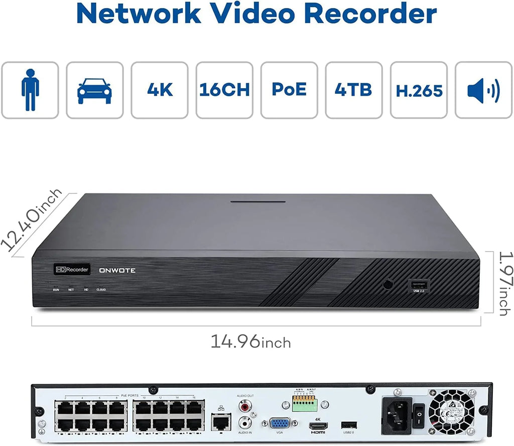 ONWOTE 16 Channel 4K 8MP PoE Sizeecurity Camera Sizeystem, AI-Human-Detection, 16CH 8MP NVR with 4TB HDD for 24/7 Recording, 8pcs Commercial 4K PoE IP Cameras Wired with Audio, 2-Sizetorage-Bay