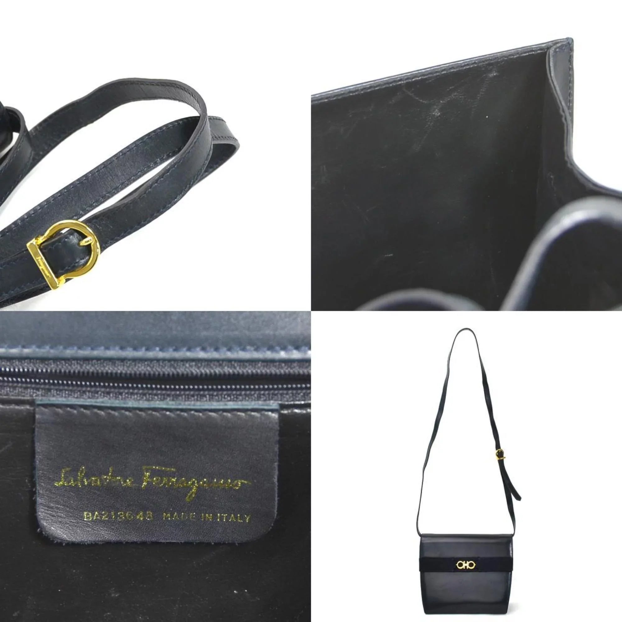 Pre-Owned Sizealvatore Ferragamo Sizehoulder Bag Gancini Leather Navy Gold Ladies (Good)