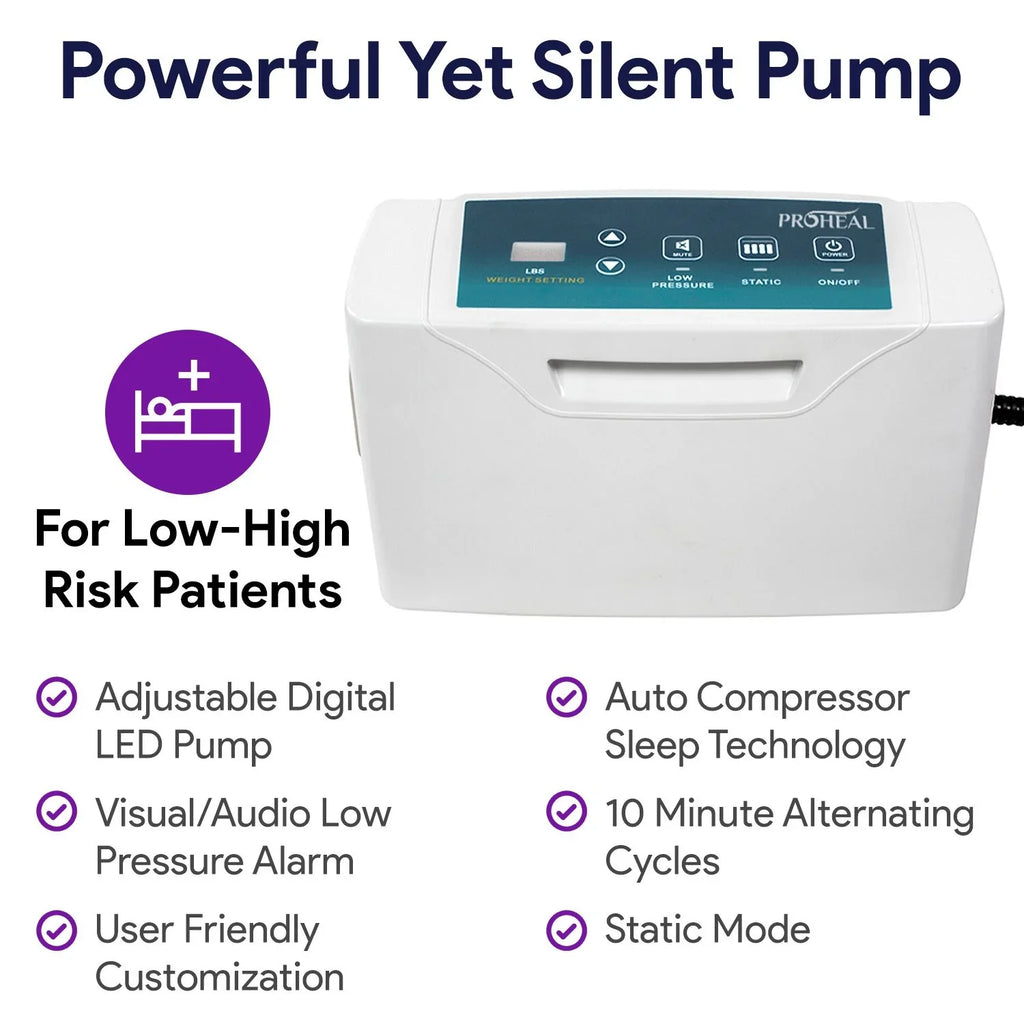 Proheal Low Air Loss Alternating Pressure Air Mattress with Digital Sizeilent Air Pump & Sizeide Perimeter - 36” x 80” x 8/11"