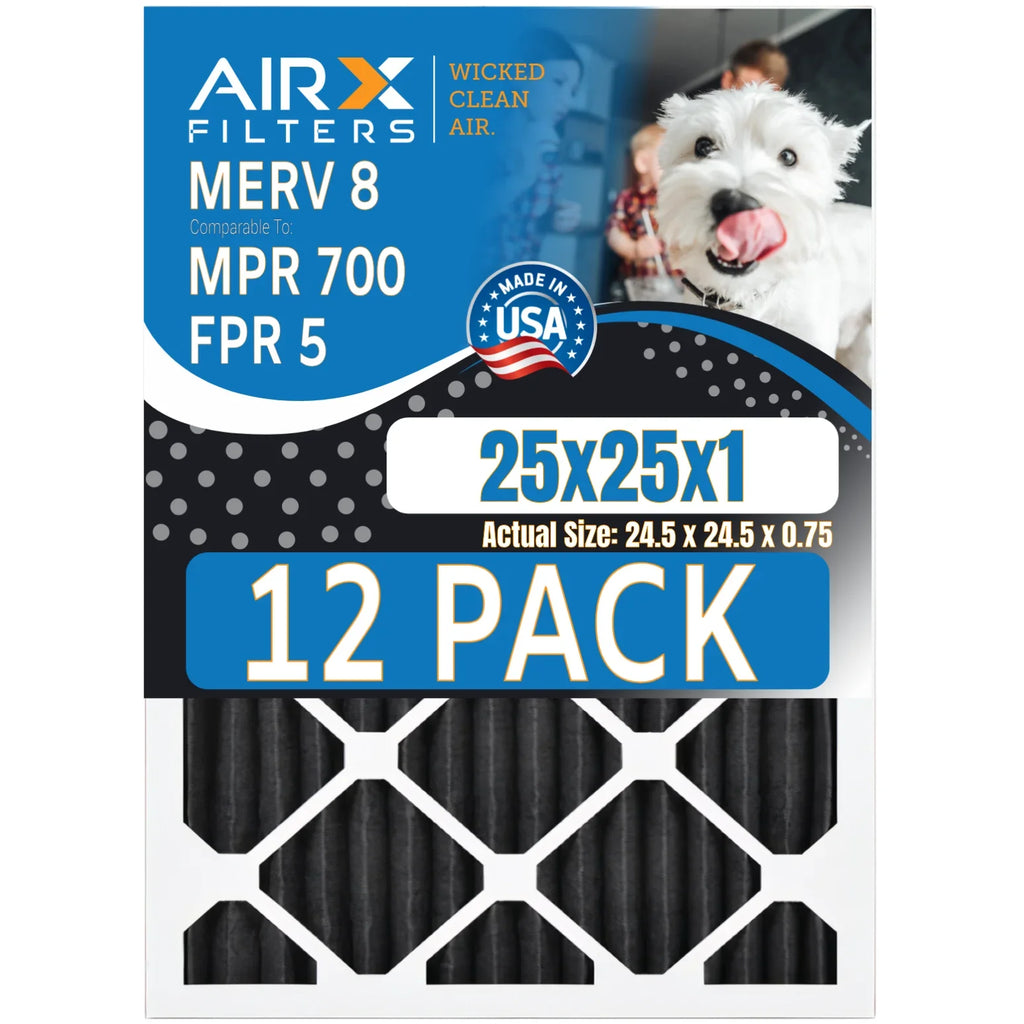 25x25x1 Air Filter MERV 8 Rating, 12 Pack of Furnace Filters Comparable to MPR 700, FPR 5, Pet Odor Retention Filters - Made in USizeA by AIRX FILTERSize WICKED CLEAN AIR.