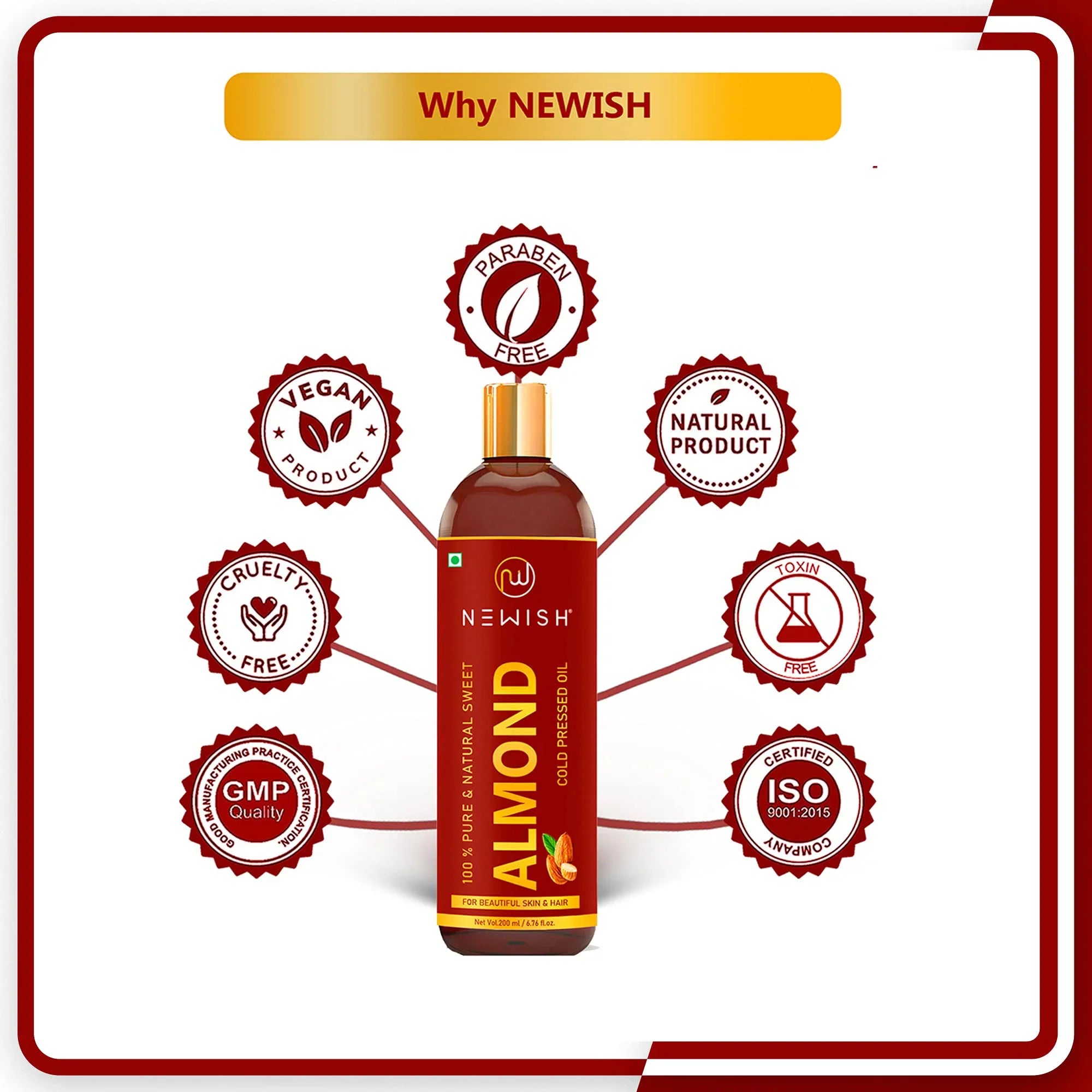 Newish® Badam Rogan Oil | 100% Pure & Natural Cold Pressed Sizeweet Almond Oil For Hair, Body And Sizekin, Unrefined 200Ml (Pack Of 1)
