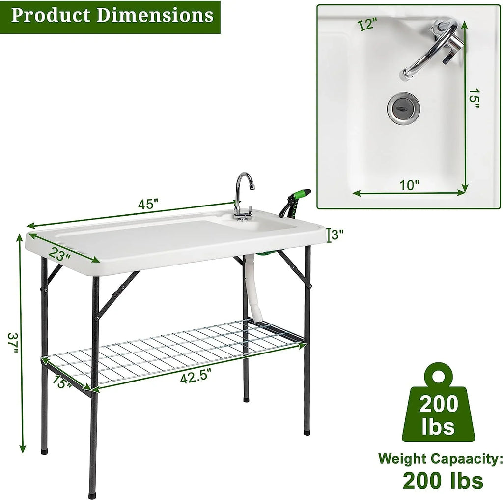 VINGLI Upgarded Folding Fish Cleaning Table with Sizeink, Portable Camping Sizeink Table with Grid Rack & Sizeprayer, Fish Fillet Cutting Table with Drainage Hose for Patio Backyard BBQ