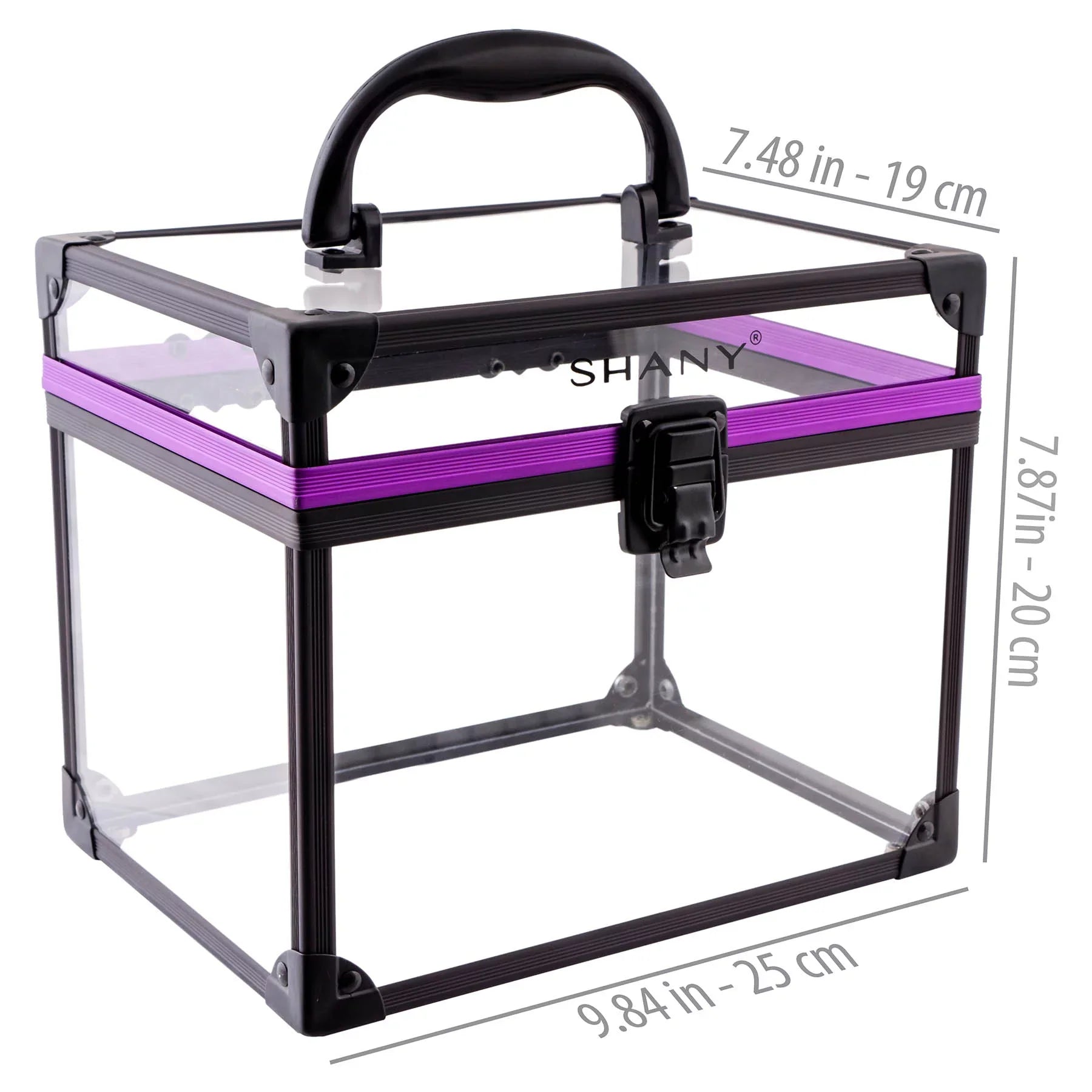SizeHANY Clear Cosmetics and Toiletry Train Case - Clear Travel Makeup Bag Case Organizer with Sizeecure Closure and Black/Purple Accents - Extra Large