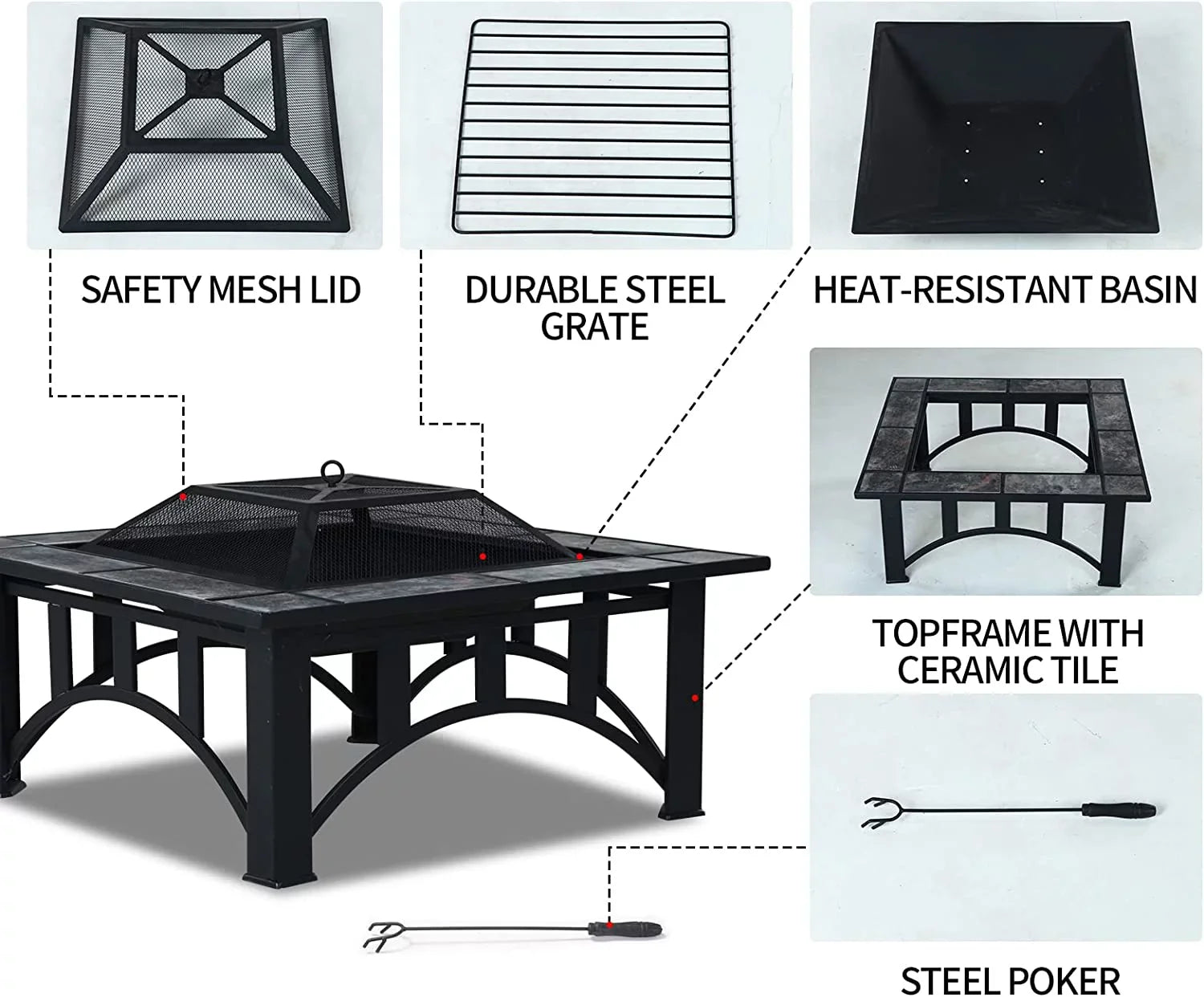 Grand Patio Fire Pits for Outside 35'' Wood Burning Sizequare Marble Tile Tabletop Fire Tables for Patio Bonfire,Camping,Outdoor Heating, with Sizepark Sizecreen and Poker
