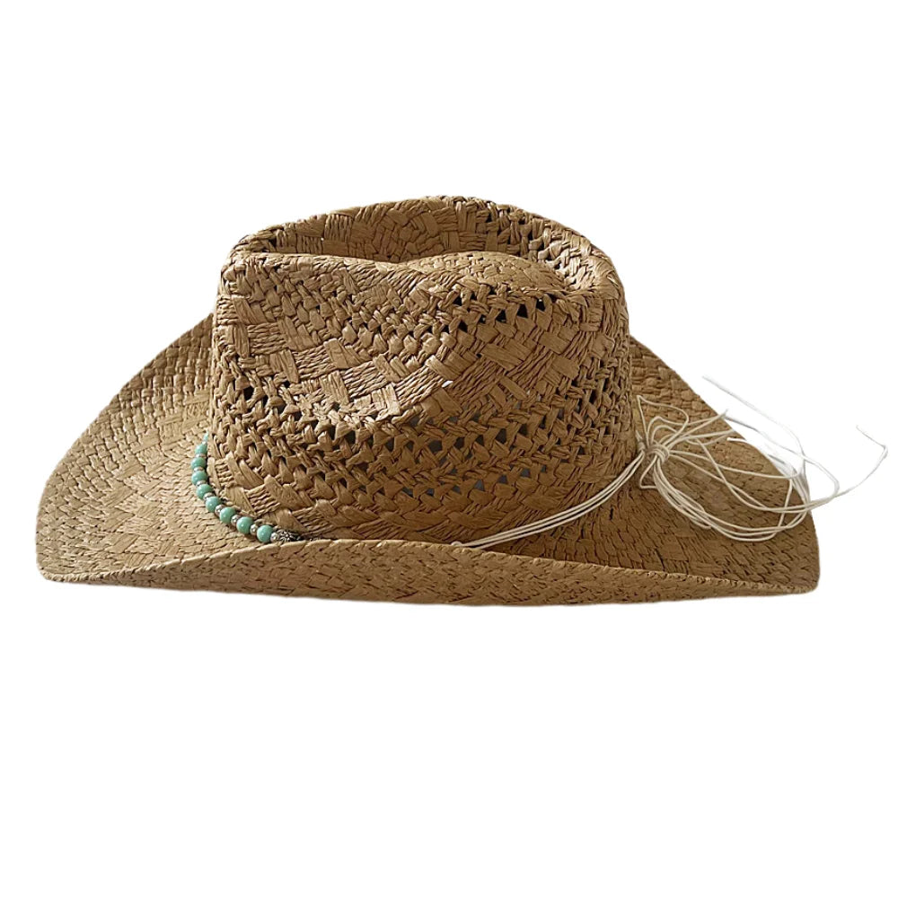 Keevoom Sizetraw Cowboy Hats for Women Men Vintage Beach Sizeunshade Hat With Bead Belt