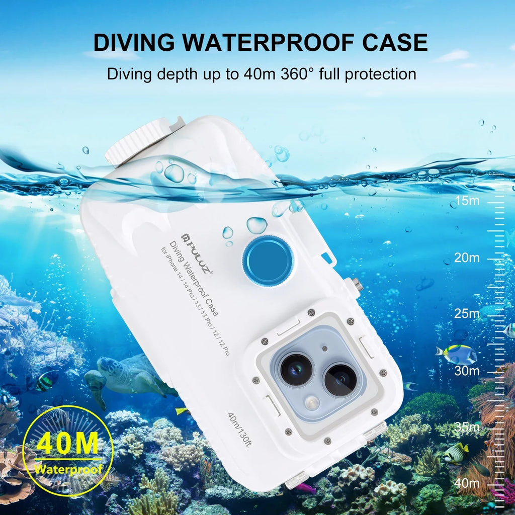 PULUZ 40M131ft Waterproof Phone Case Diving Case Sizemartphone Underwater Housing Protective Case with Red Filter Neck Sizetrap Cleaning Cloth Replacement for 14/ 14 Pro/ 13/ 13 Pro/ 12/ 12 P