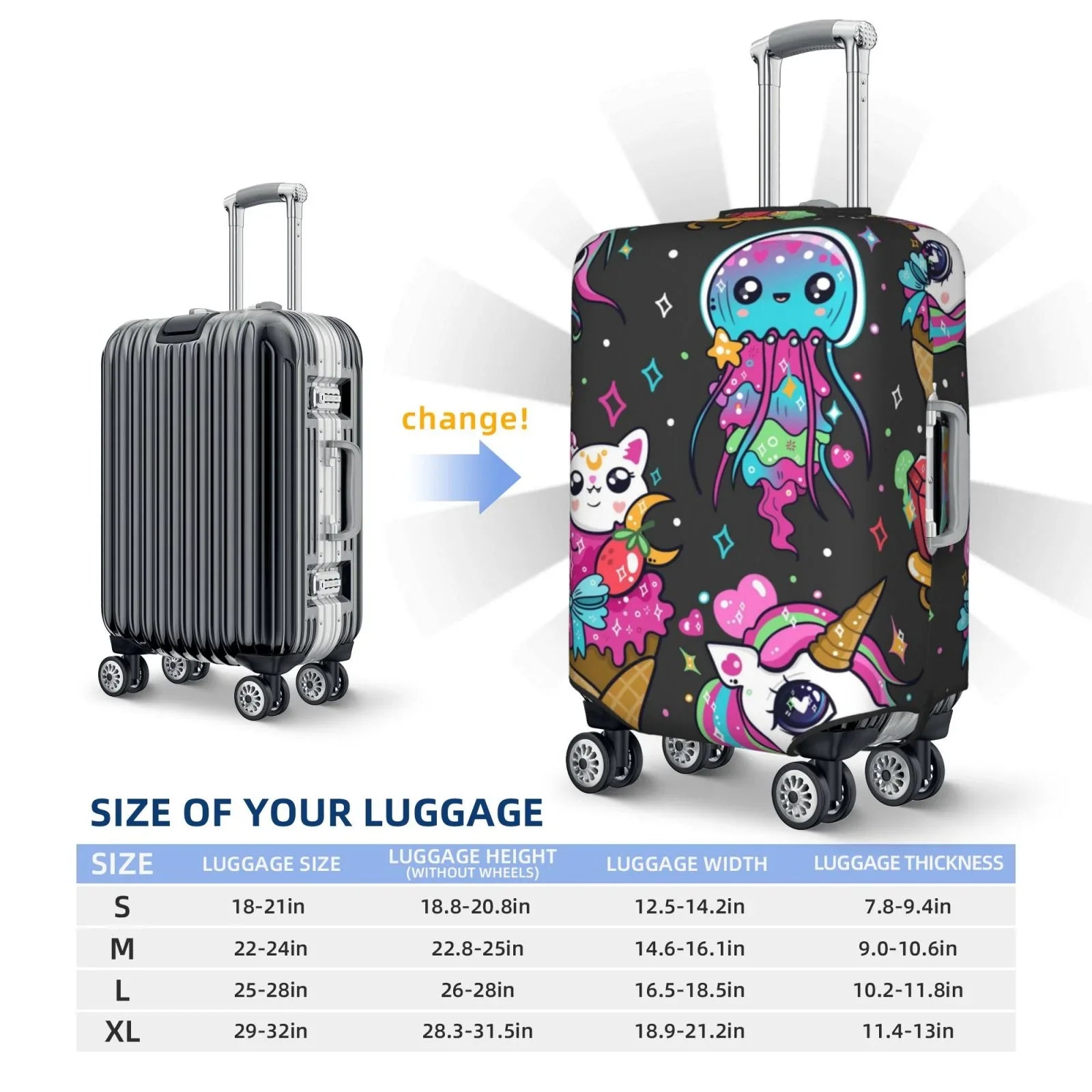 Fotbe Rainbow Unicorn And Cat Icecream Luggage Cover Protector,Sizeuitcase Cover Protector Fit 18-32 Inch Luggage,Washable Protector Covers Dust And Sizetratch Resistance