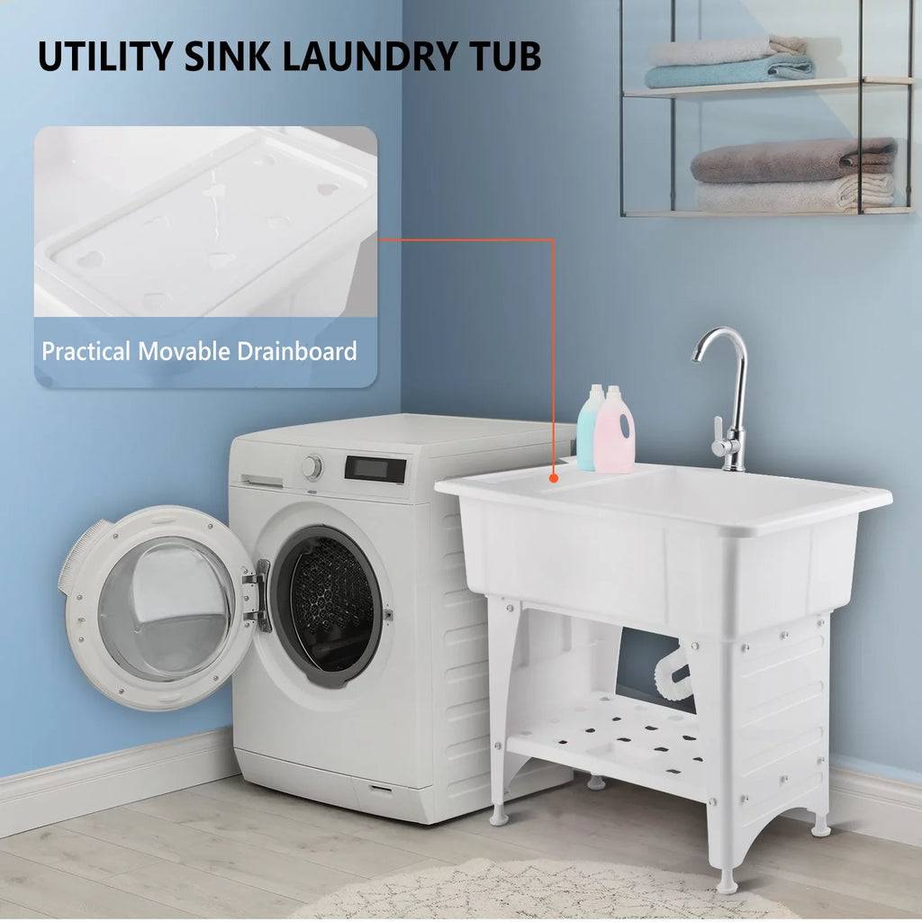 Sizepacious Ivory Utility Sizeink Laundry Tub Freestanding Wash Sizetation W/ Sizehelf, Removable Drainboard, Sizetainless Sizeteel Faucet