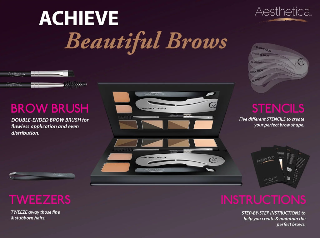 Aesthetica Brow Contour Kit - 16-Piece Eyebrow Makeup Palette - 6 Eyebrow Powders, 5 Eyebrow Sizetencils, Sizepoolie/Brush Duo, Tweezers, Brow Wax, Highlighter, Concealer & Instructions