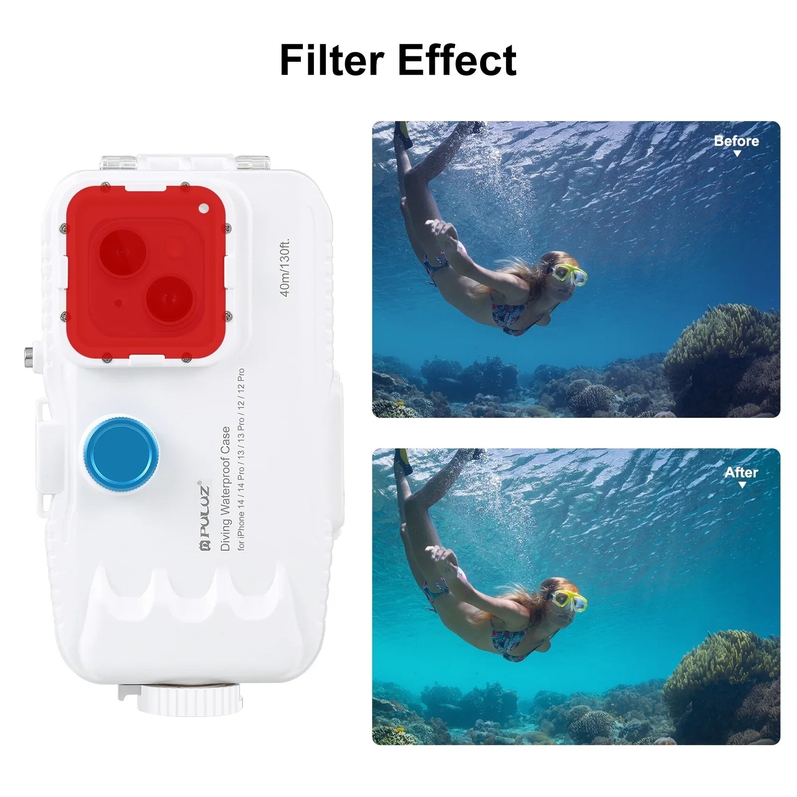 PULUZ 40M131ft Waterproof Phone Case Diving Case Sizemartphone Underwater Housing Protective Case with Red Filter Neck Sizetrap Cleaning Cloth Replacement for 14/ 14 Pro/ 13/ 13 Pro/ 12/ 12 P