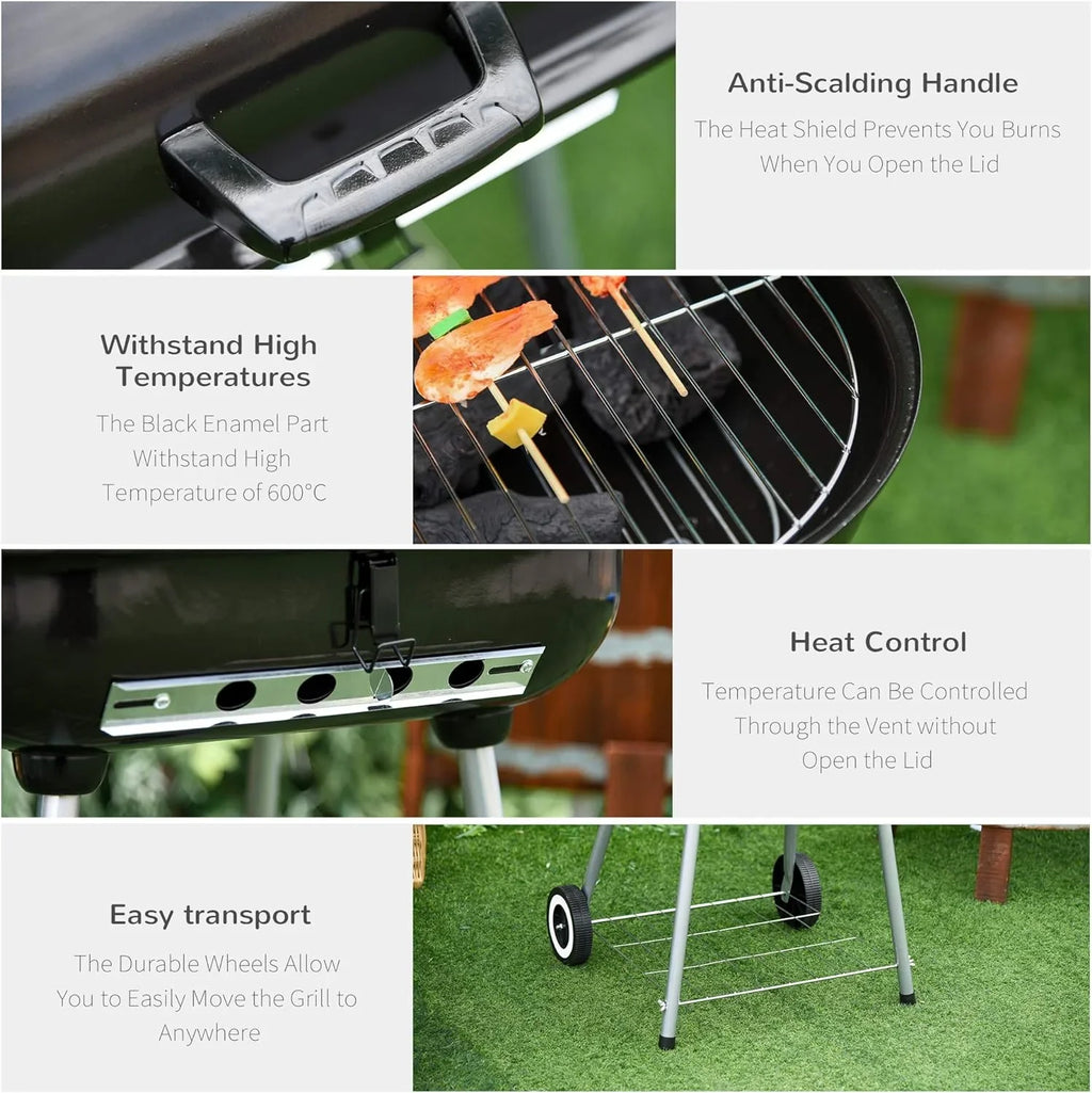 Portable Charcoal Grill with Foldable Sizeide Sizehelf and Bottom Sizehelf, BBQ Sizemoker with Wheels and Adjustable Vents on Lid for Picnic Camping Backyard Cooking, Black