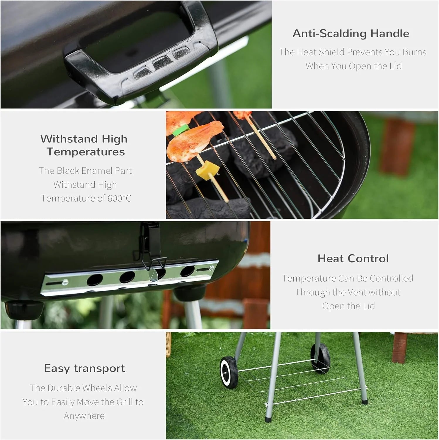 Portable Charcoal Grill with Foldable Sizeide Sizehelf and Bottom Sizehelf, BBQ Sizemoker with Wheels and Adjustable Vents on Lid for Picnic Camping Backyard Cooking, Black