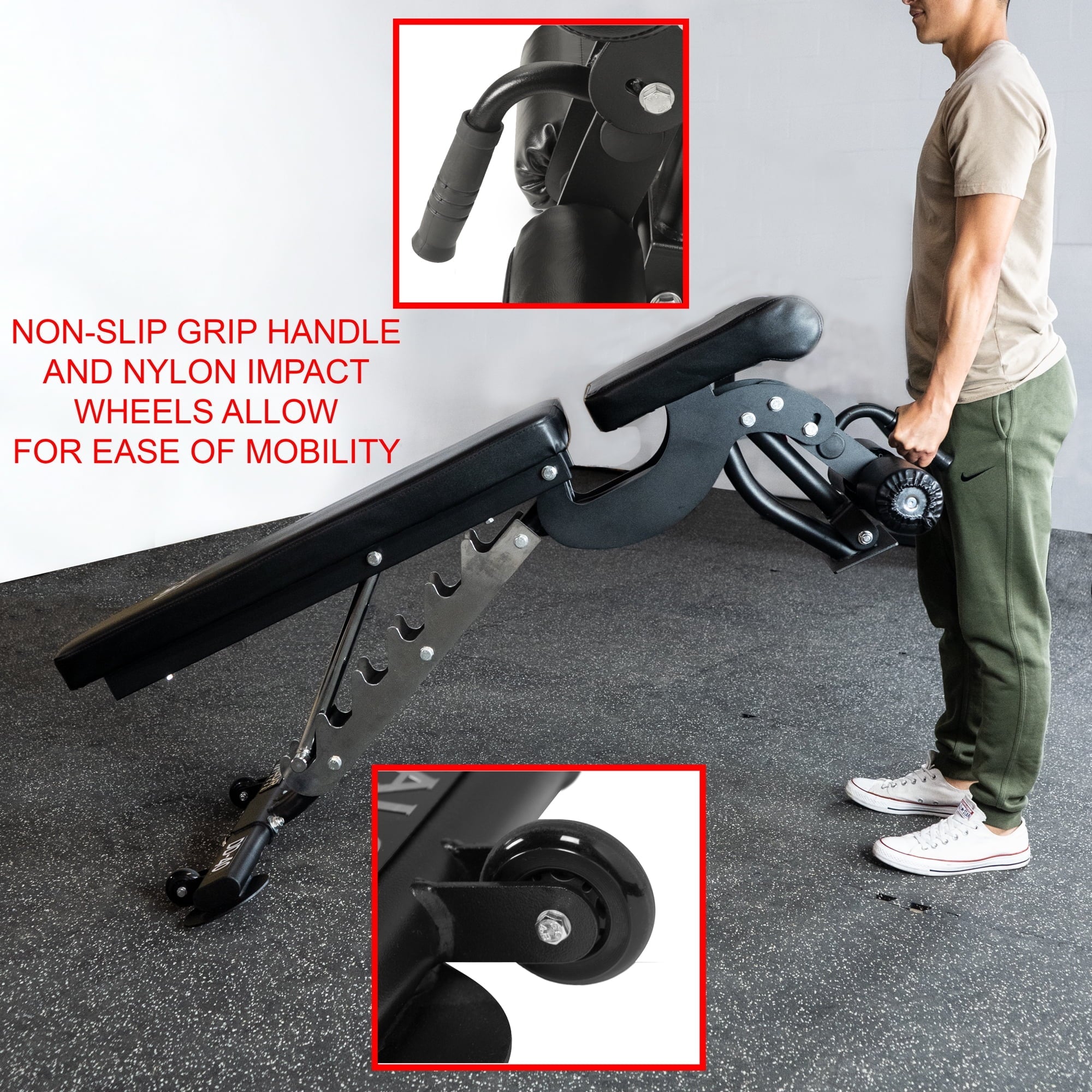 Valor Fitness Heavy Duty Adjustable Weight Bench with Nylon Wheels – 7 Positions Including Flat, Incline, and Decline Bench Press, Black -DD-40