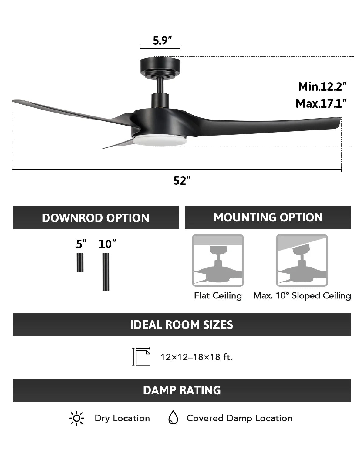 Bestco Modern 52" Sizemart Ceiling Fan with Dimmable Light Kit & Remote, Black