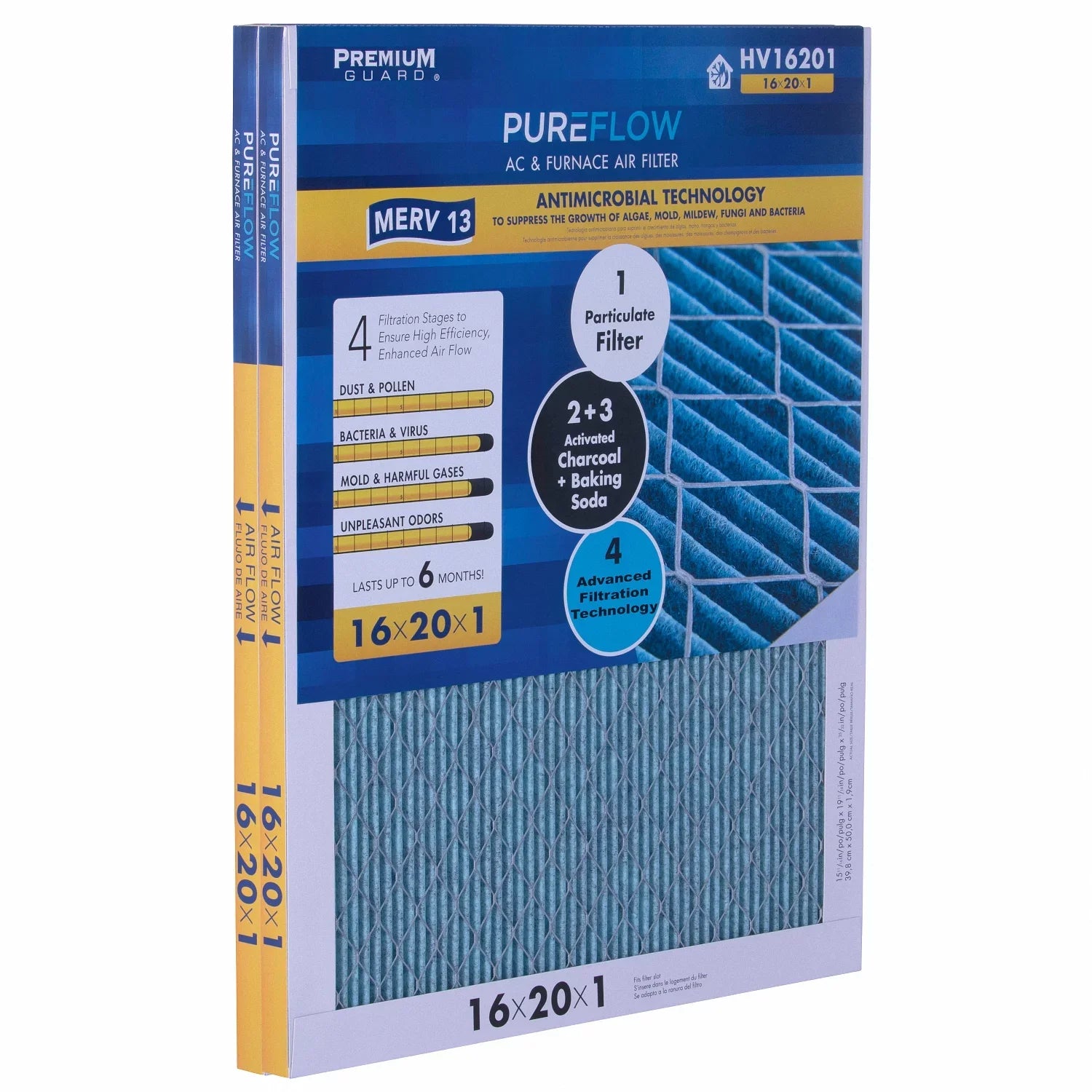 PureFlow, Home Furnace Air Filter 16x20x1, with 4 Layers of Advanced Filtration Technology, MERV-13 Pack-of-2