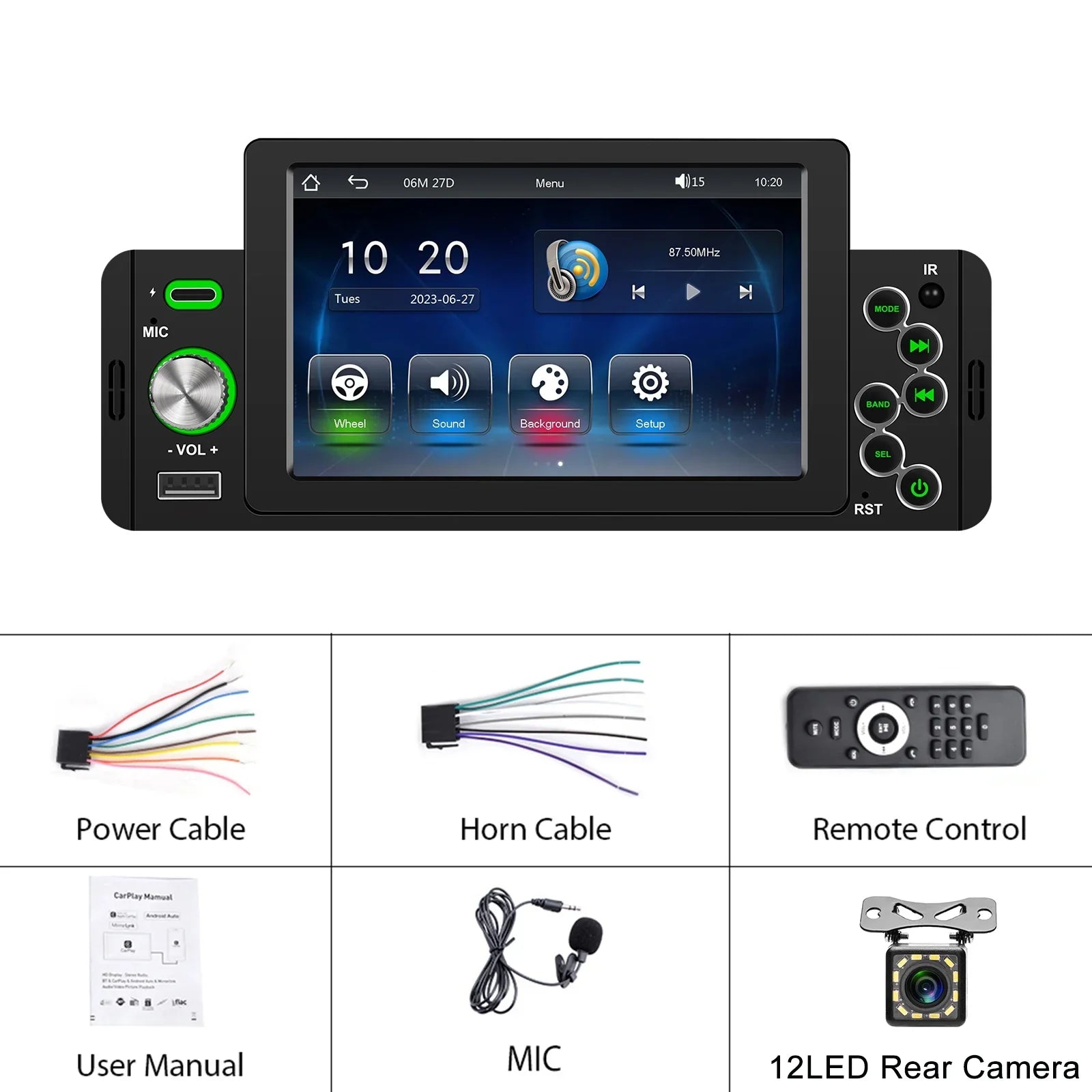 1DIN 5" Universal Car mp5 Player Bluetooth FM Radio Receiver Sizeupport TF/USizeB Rear View Camera with wireless carplay/auto