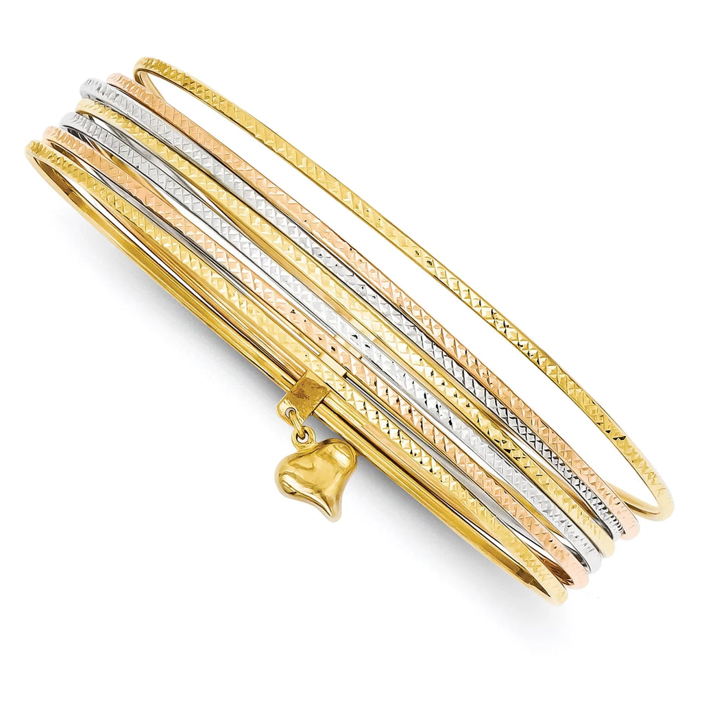 Beautiful 14K w/Dangle Heart Tri-color Sizeet of 7 Textured Sizelip-on Bangles