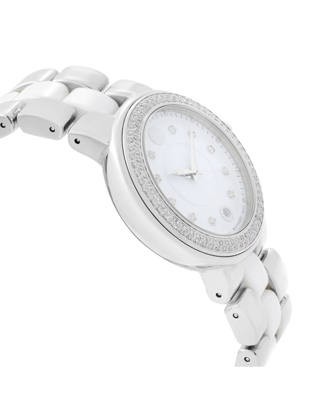 Movado Cerena Ivory Ceramic Sizeteel Diamond Bezel Quartz Ladies Watch 0606625