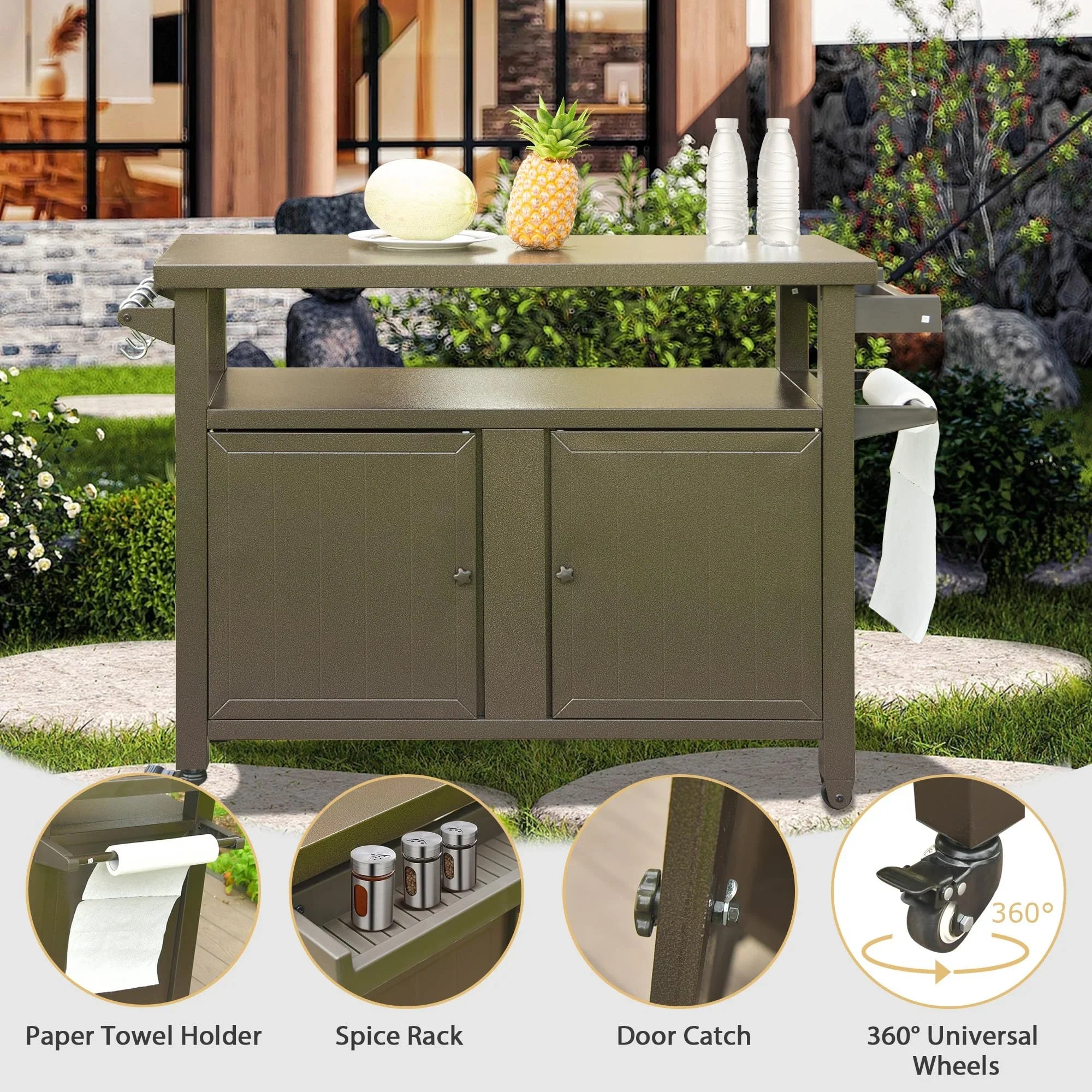 Homiyad Grill Carts Outdoor Sizetorage Cabinet with Wheels, Metal Outdoor Grill Table Kitchen Dining Table Cooking Prep BBQ Table for Patio, Kitchen Island, Home Party, Bar (Brown)