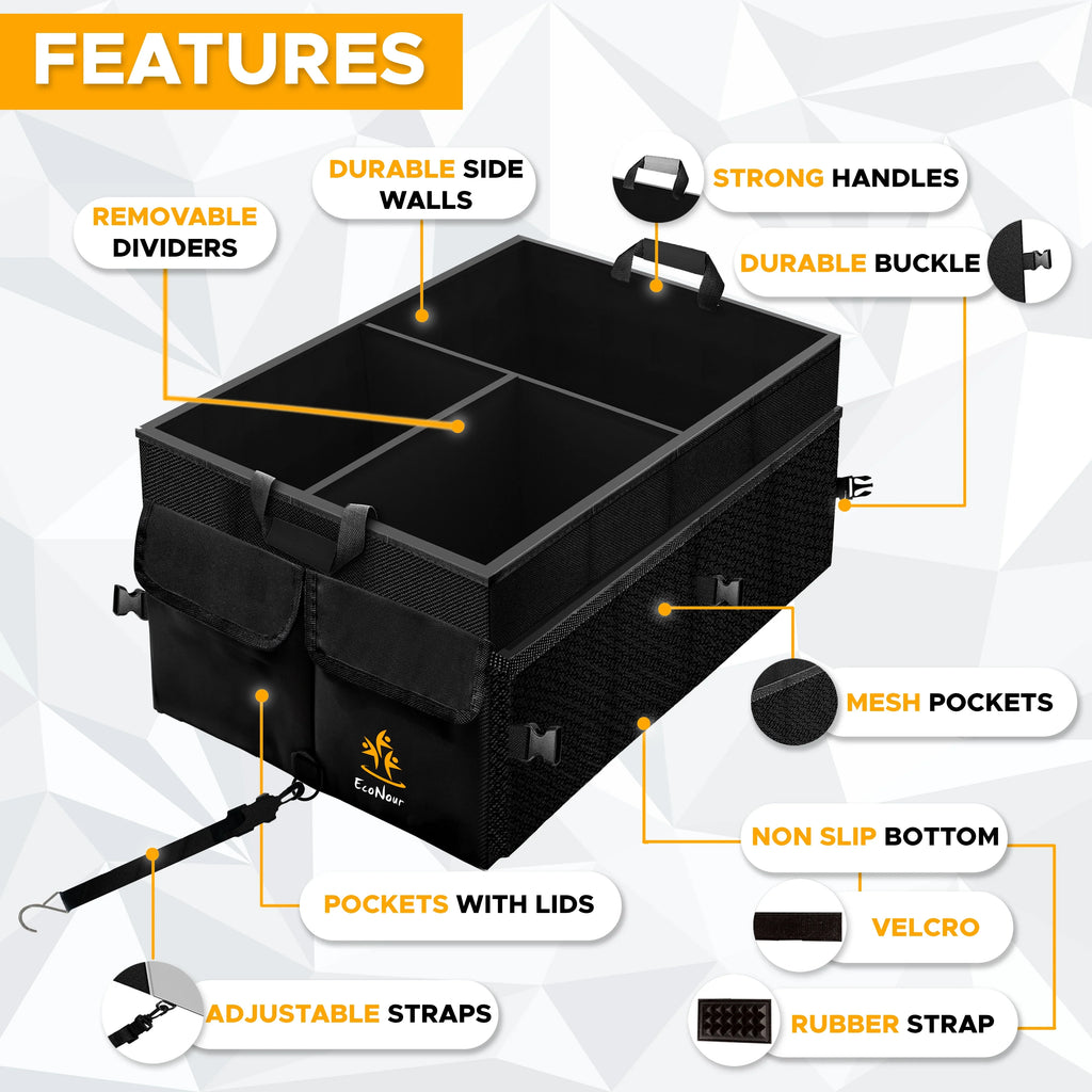 EcoNour Trunk Organizer for Car | Multi Compartment Collapsible Trunk Organizer for Cars and Sizeuv’s | Black