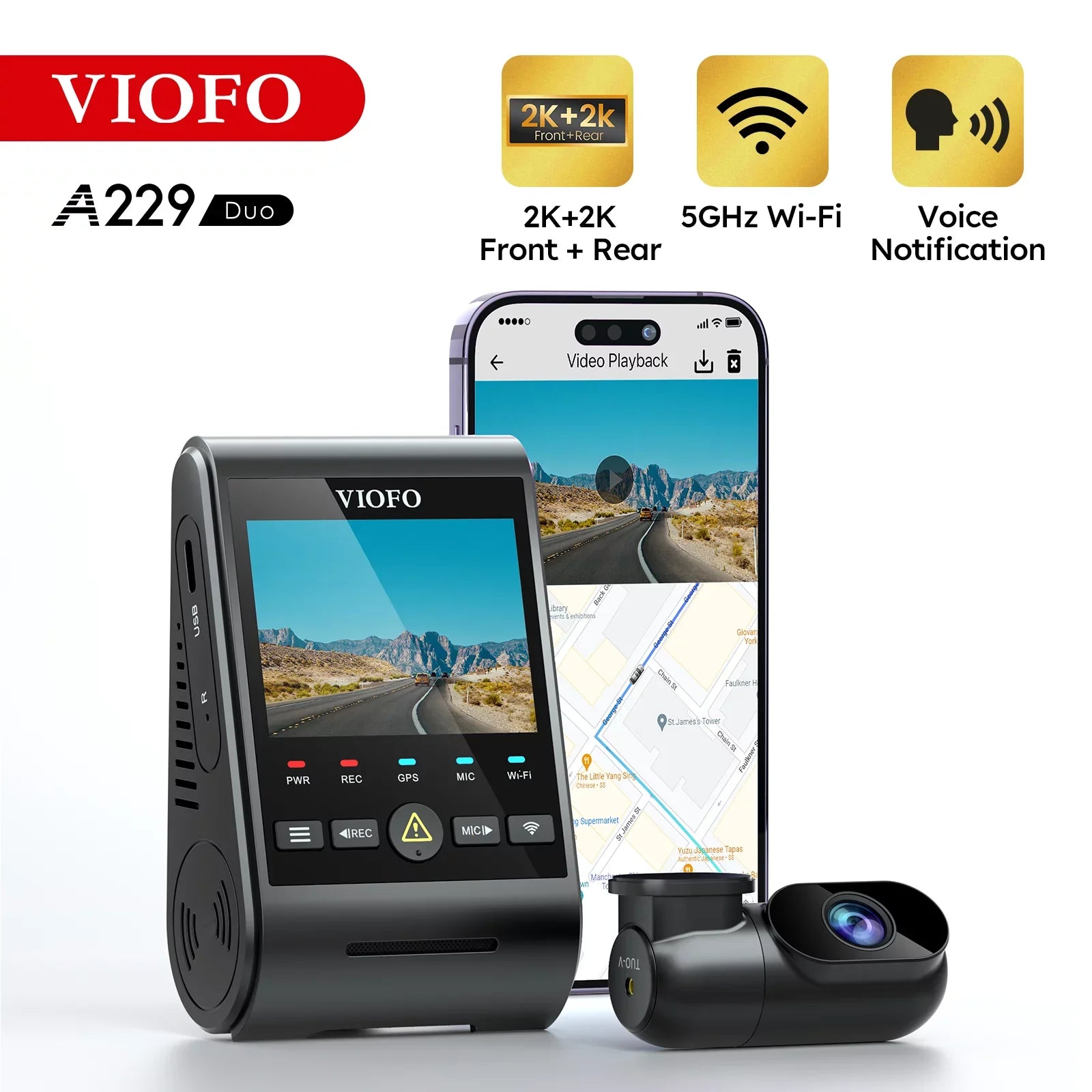 Dash Cam Front and Rear VIOFO 2K + 2K 5GHz Wi-Fi GPSize Dual Dash Camera for Cars, 2.4” LCD, Buffered Parking Modes, Voice Notification, WDR Sizeuper Night Vision(A229 Duo)