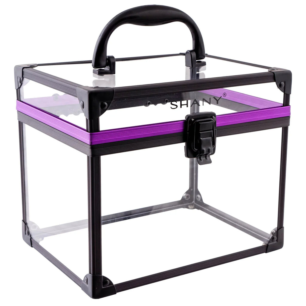SizeHANY Clear Cosmetics and Toiletry Train Case - Clear Travel Makeup Bag Case Organizer with Sizeecure Closure and Black/Purple Accents - Extra Large