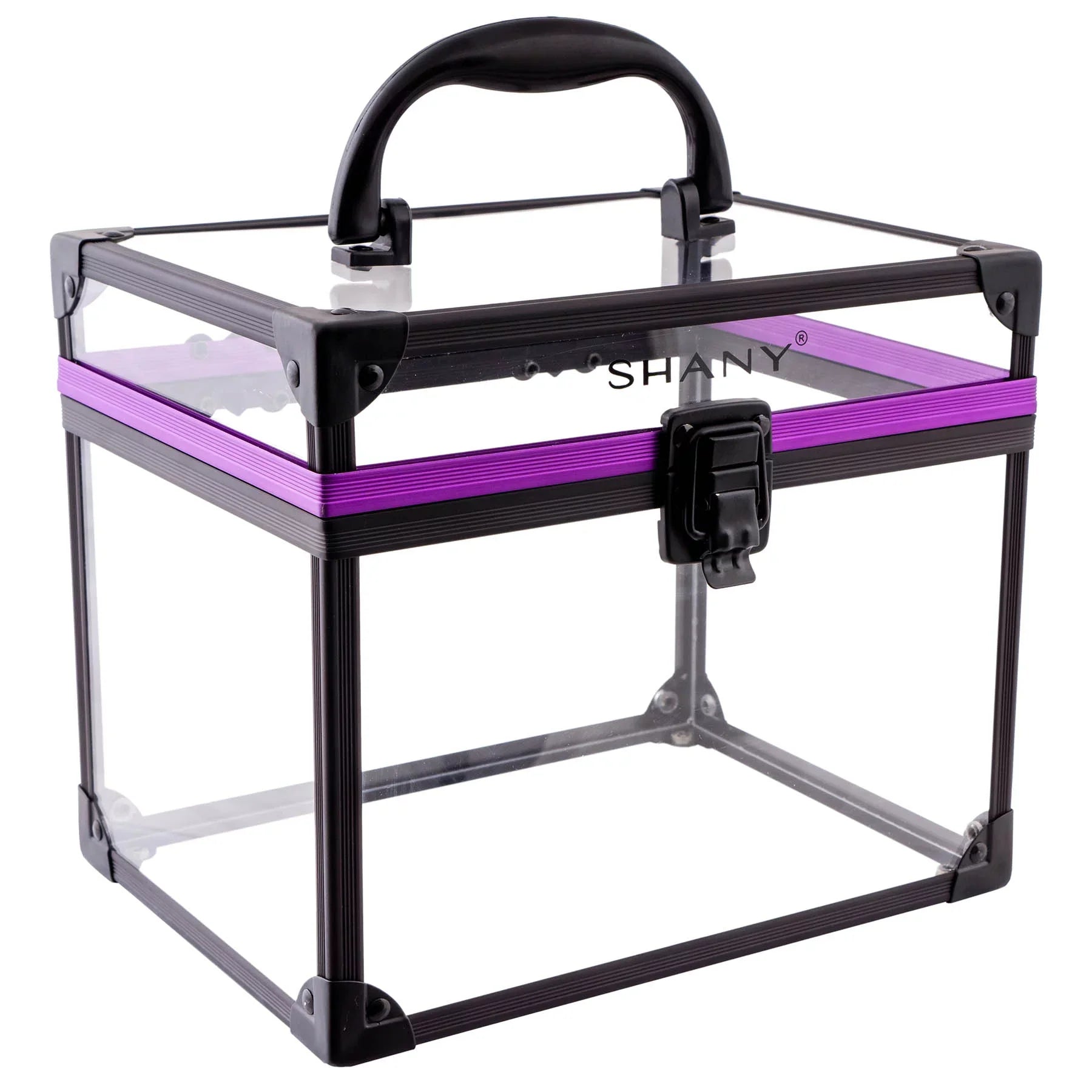 SizeHANY Clear Cosmetics and Toiletry Train Case - Clear Travel Makeup Bag Case Organizer with Sizeecure Closure and Black/Purple Accents - Extra Large