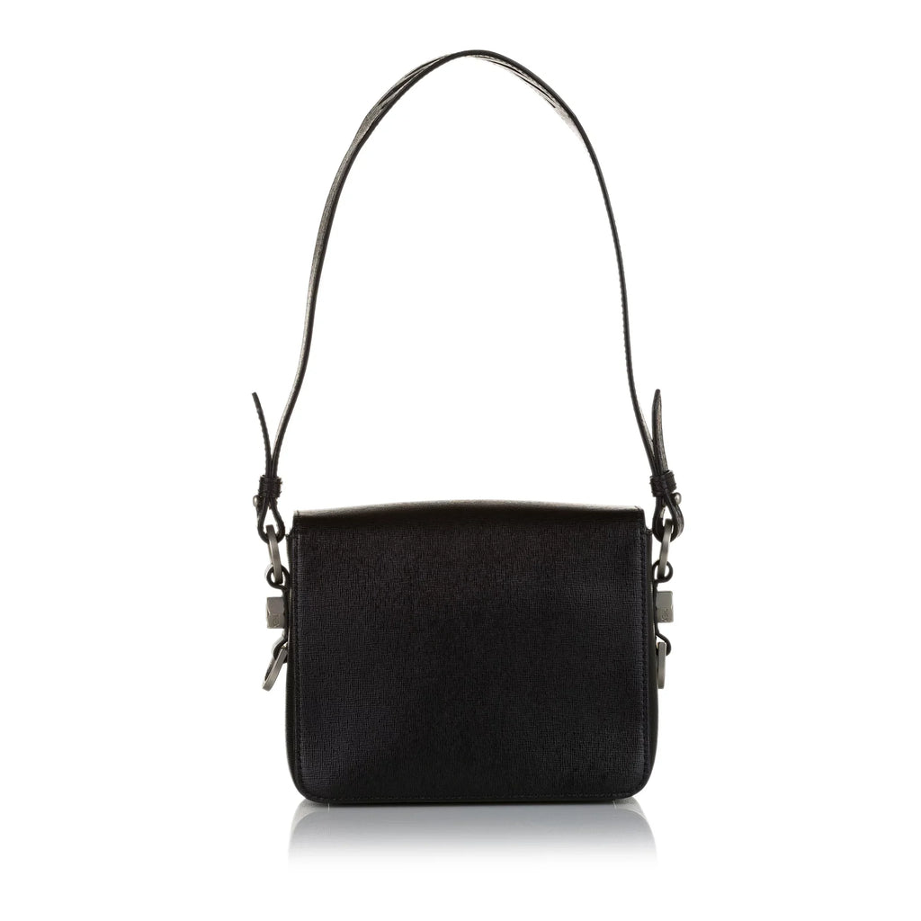 Pre-Owned Authenticated Off-Ivory Binder Clip Crossbody Bag Calf Leather Black Unisex (Good)
