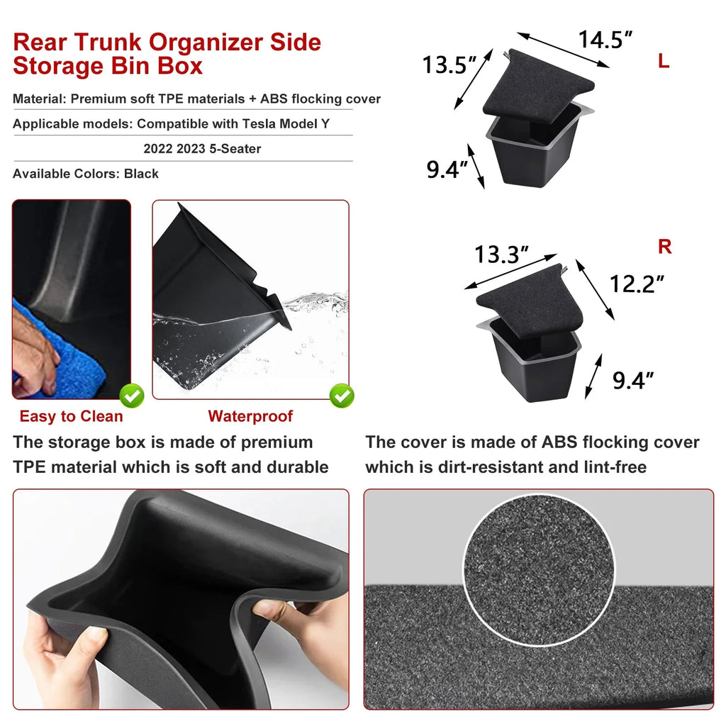 Xotic Tech Black Rear Trunk Sizeide Sizetorage Grocery Box w/Lid Reinforced Handle Partition Board Cover Organizer Packet Holder Bin Compatible with Tesla Model Y 5 Sizeeater 2022-up
