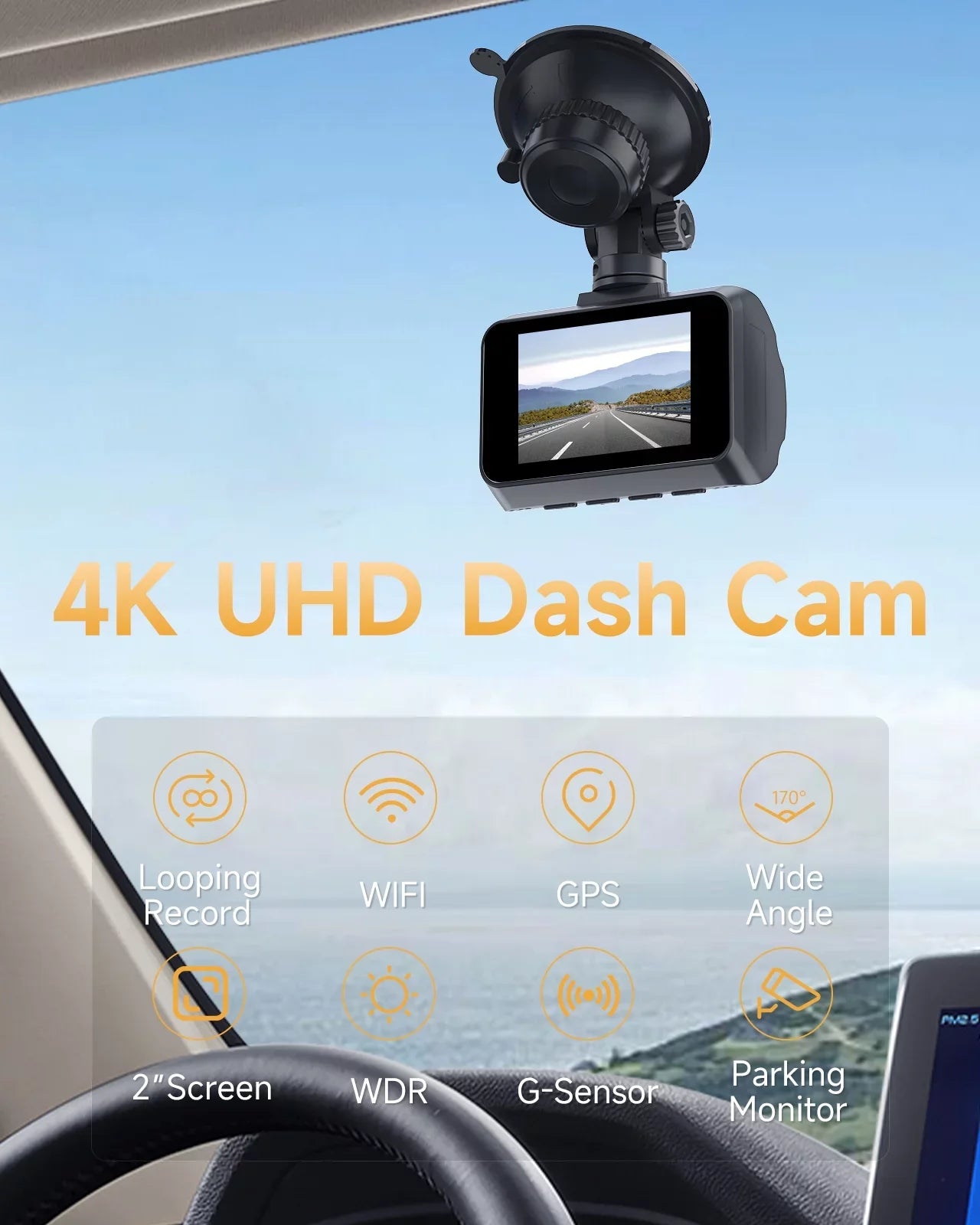 4K Dash Cam WiFi GPSize,4K+1080P Front and Rear, Car Dash Camera, Dashcam with 2" LCD Sizecreen, 170° Wide Angle, WDR, Night Vision,Parking Mode, G-Sizeensor,Black