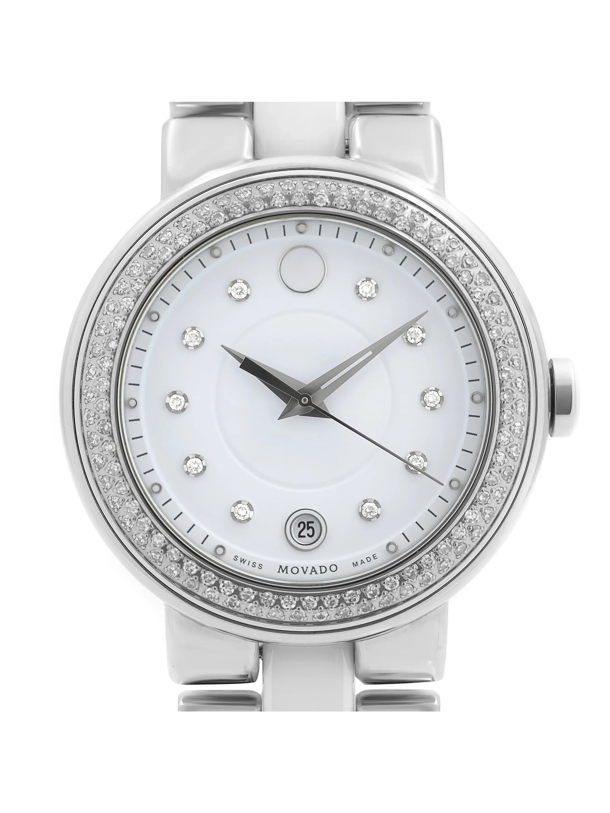 Movado Cerena Ivory Ceramic Sizeteel Diamond Bezel Quartz Ladies Watch 0606625