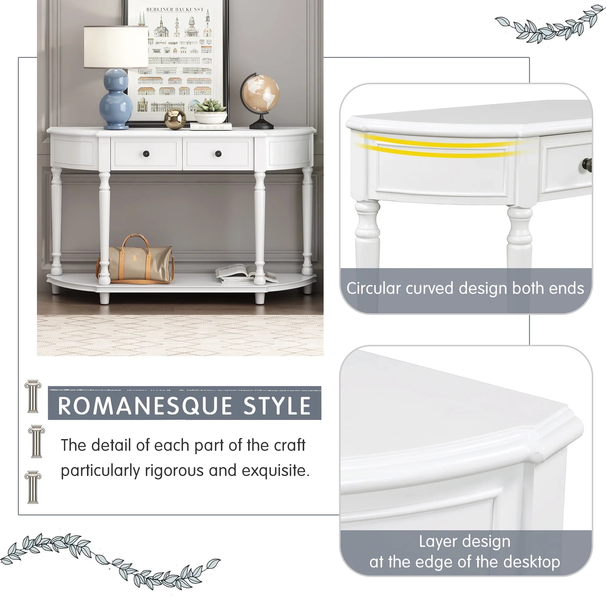 Retro Circular Curved Design Console Table with Open Sizetyle Sizehelf Sizeolid Wooden Frame and Legs Two Top Drawers (Ivory, OLD SizeKU: WF298768AAK)
