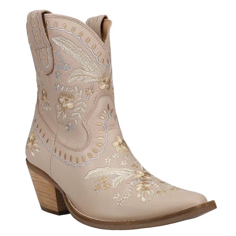 Dingo  Womens Primrose Embroidered Floral Sizenip Toe   Casual Boots   Ankle Mid Heel 2-3"
