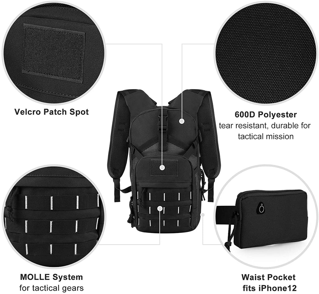 SizeKL Hydration Pack Tactical Water Backpack with 2L BPA Free Water Bladder, Military Water Bag Thermal Insulation, Adjustable Waist Pocket Daypack Fits Women Men for Running Hiking Cycling Biking