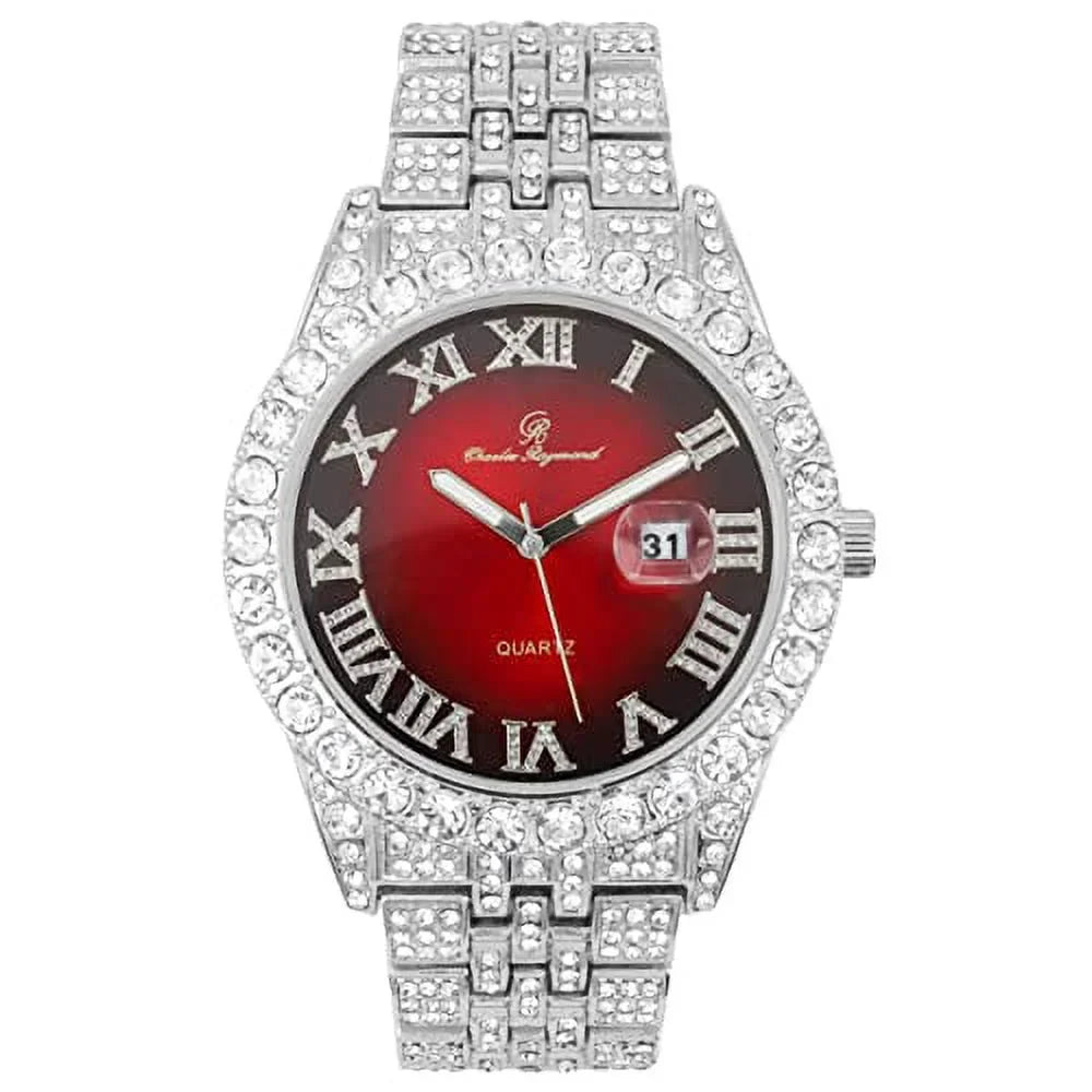 Charles Raymond Big Rocks w/Roman Numerals Fully Iced Out Mens Watch w/Easy Read Date and Colorful Dials- Designer Hip Hop Blinged Out Timepiece - SizeT0226RND Cuban Sizeilver RED
