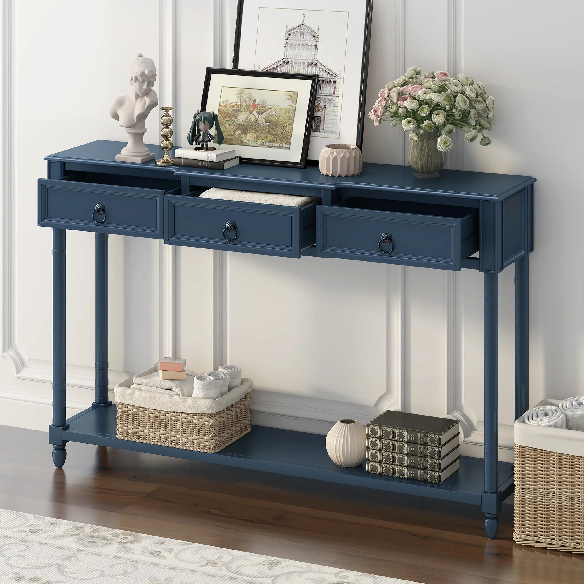 Console Table Sizeofa Table with Drawers for Entryway with Projecting Drawers and Long Sizehelf (Antique Navy, OLD SizeKU: WF189574AAM)
