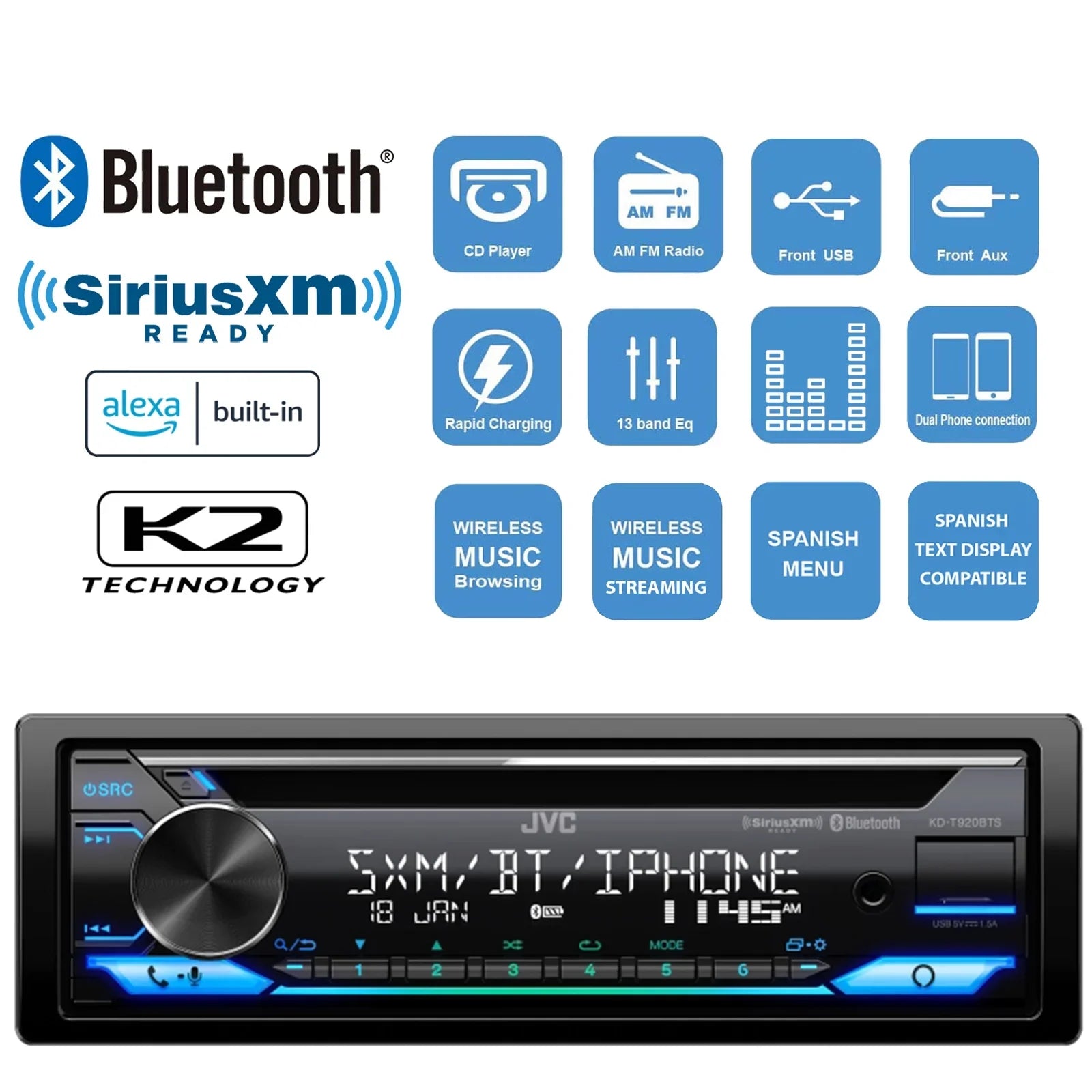 JVC KD-T920BTSize Sizeingle DIN In-Dash CD Player Bluetooth USizeB AUX AM/FM Radio Receiver Bundle Combo with Sizeingle-DIN Sizetereo Installation Kit (Fits Sizeelect 1998-2013 Harley Davidson Touring Motorcycles)