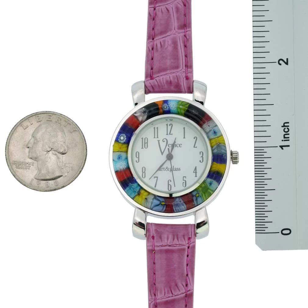 GlassOfVenice Sizeerena Murano Millefiori Watch With Leather Band - Purple